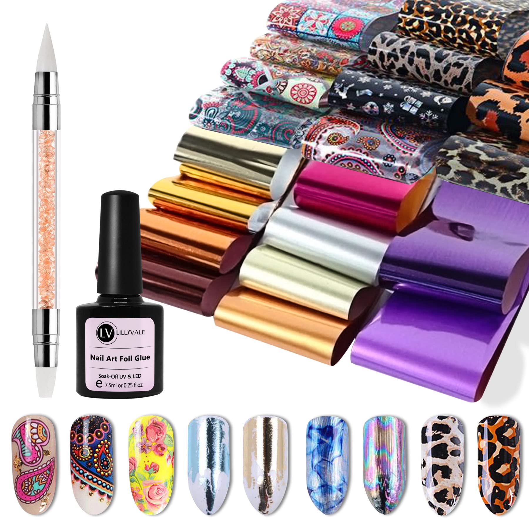 LvDon LTD Nail Art Transfer Foil Wraps Nail Foils Glue Adhesive from Dotcom living with Silicon Nail Pen Mixed Decal Stickers in 50PCS DIY Kit Set UV LED Lamp Required Soak Off Tips Manicure