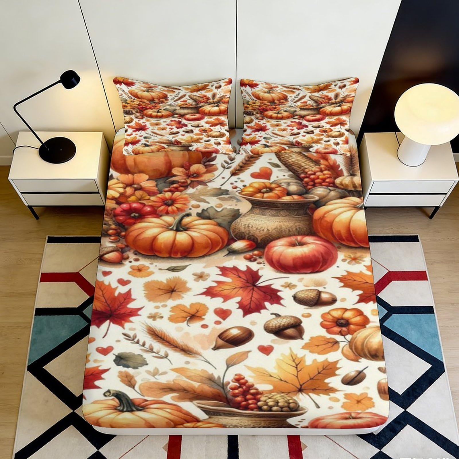 3D Printed Autumn Pumpkin Fitted Sheet Microfiber Bedroom Decor Harvest Leaves Mattress Cover Anti-Slip Easy Care 90x200x25cm