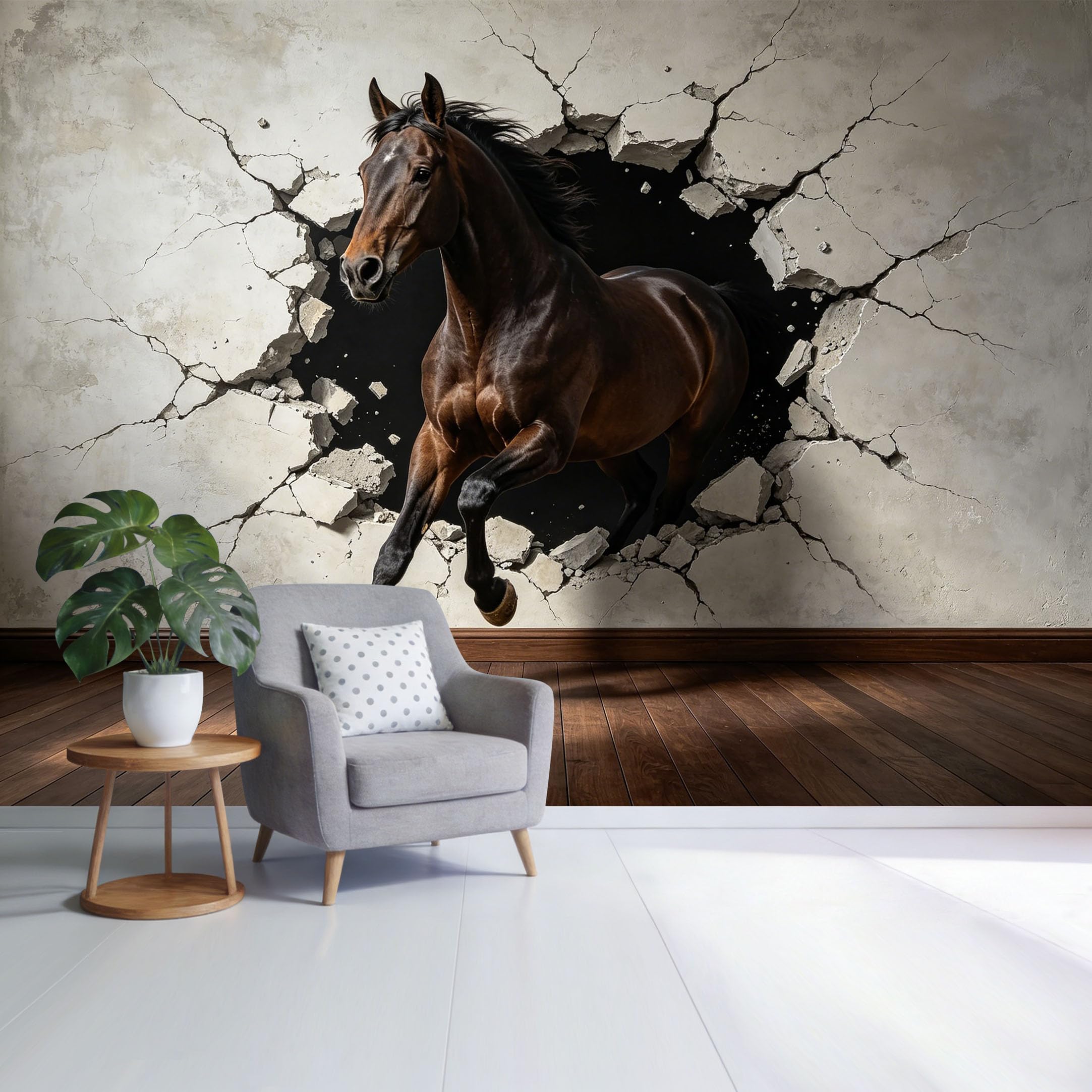 Custom Size Wall Mural Running Brown Horse Breaking Through Concrete Wall 3D Trompe L'Oeil Removable Self Adhesive Fabric Home Wall Decor for Living Room Bedroom Bathroom