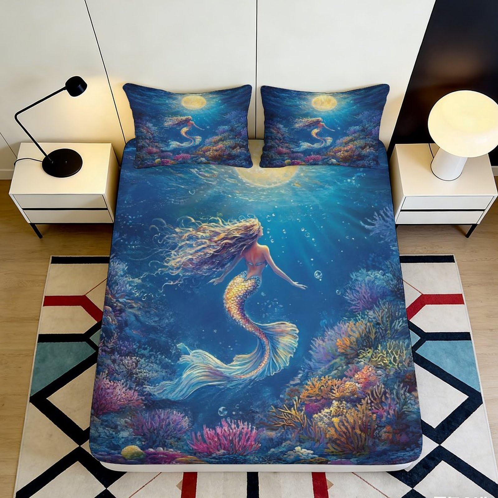 3D Printed Mermaid Underwater Fitted Sheet Microfiber Soft Mattress Cover Ocean Coral Design Bedroom Decor 90x200x25cm