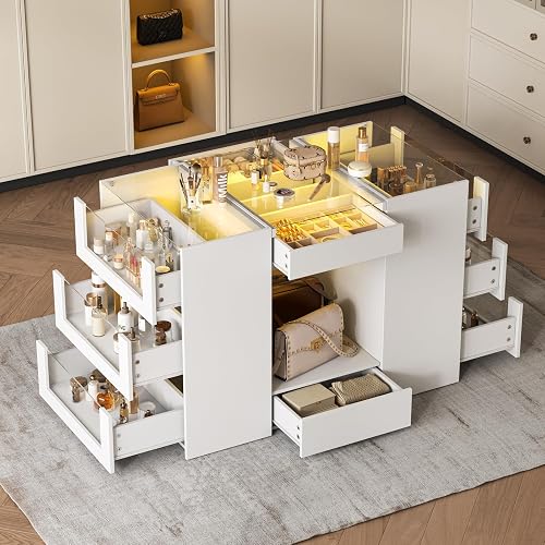 LIVAUVEAD Closet Island with 10 Drawers & Glass Top, White Wardrobe Armoire Island with Display Shelves,Walk-in Closet Island for Bedroom, Cloakroom - White - 10 Drawers+LED