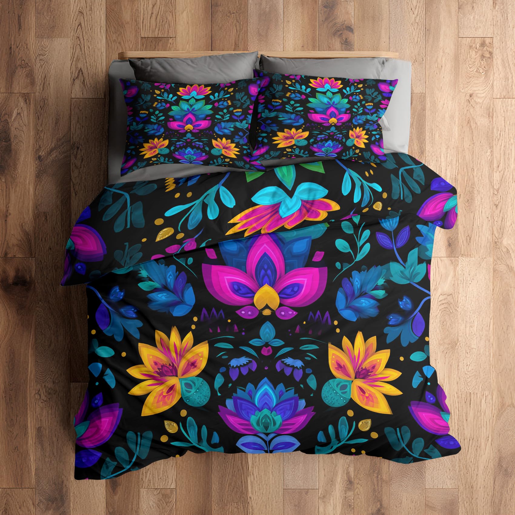 Parure de lit 200x200 mexicaine avec housse de couette fleurs et 2 taies