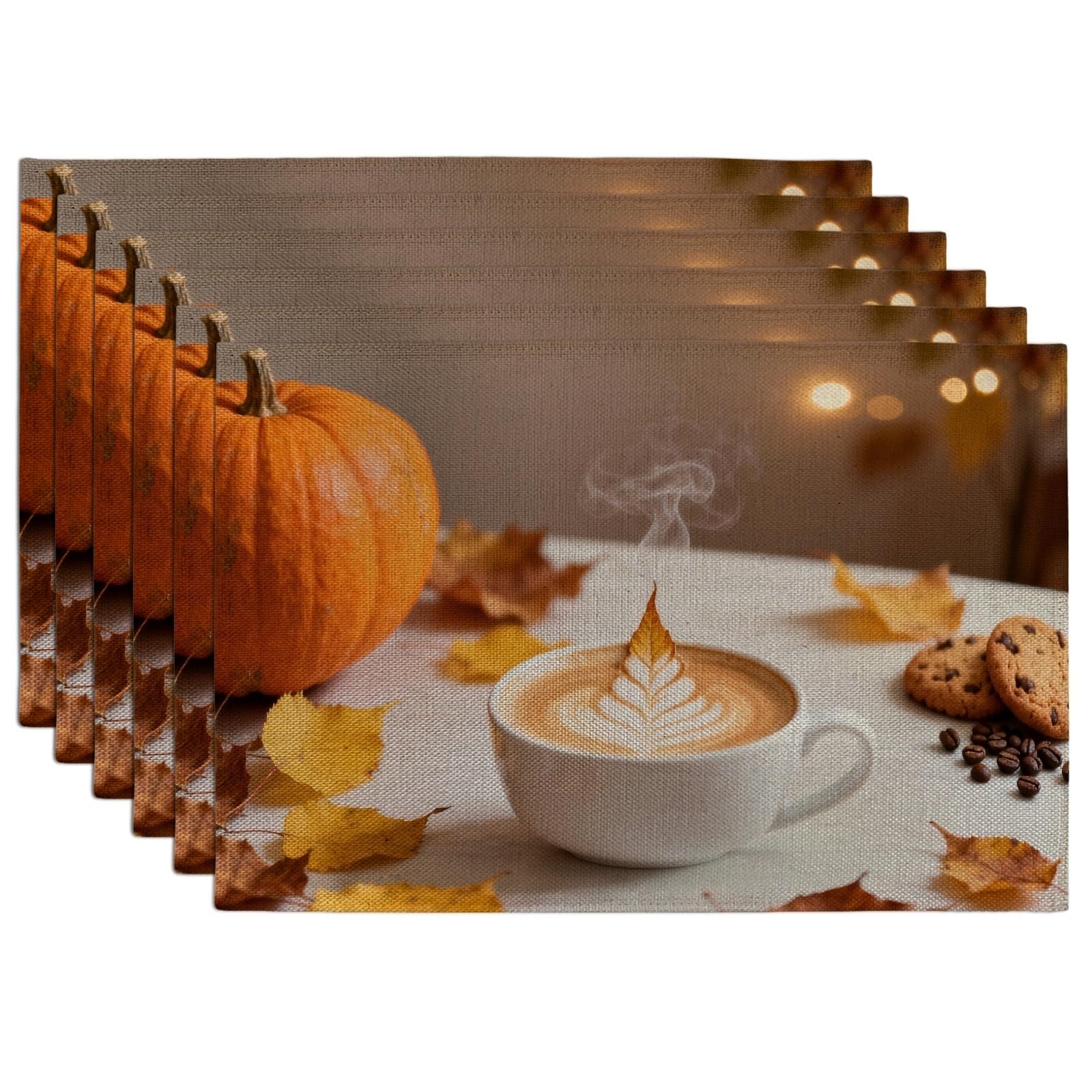 Autumn Pumpkin Leaves Placemats, Cozy Rustic Floral Place mats for Dining Table, Fall Harvest Non-Slip Washable Indoor Outdoor Kitchen Party Decorative Placemat Set of 6