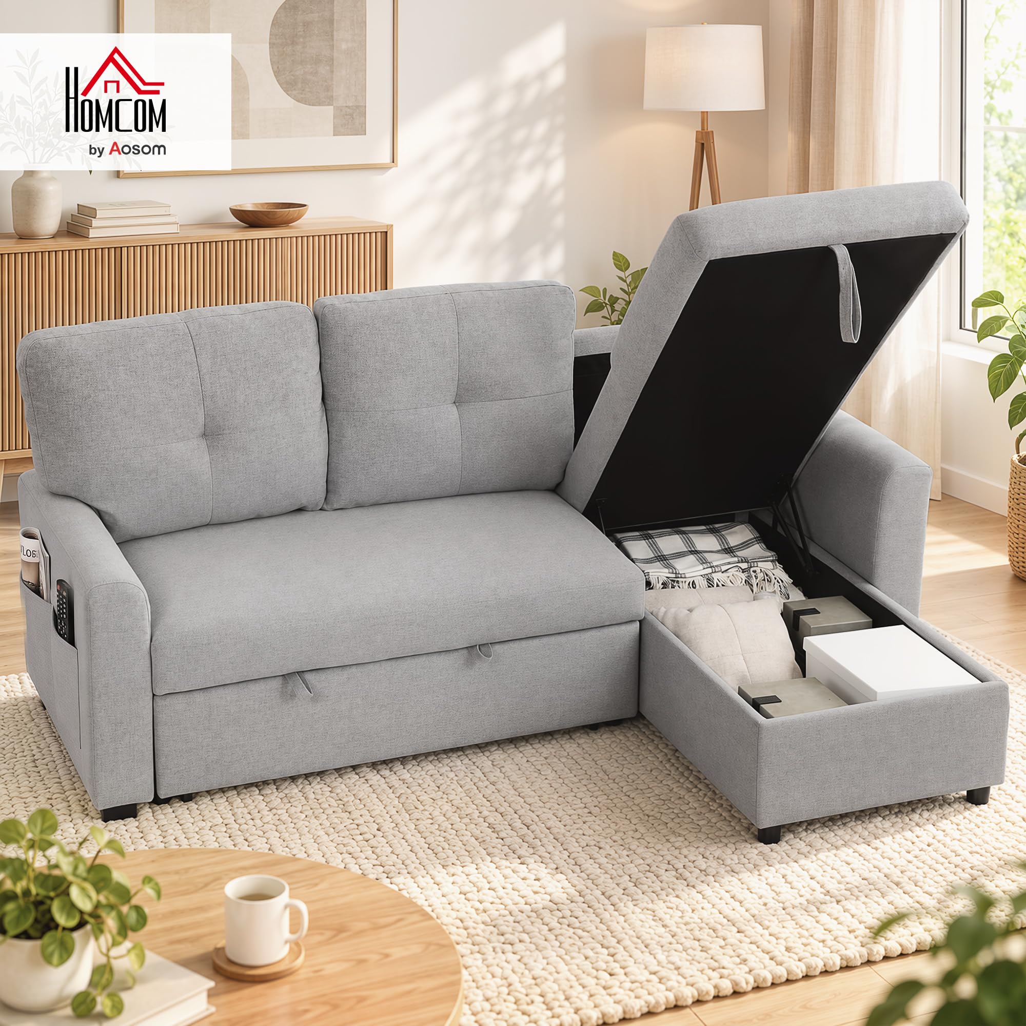 HOMCOM Divano Letto 3 Posti Estraibile con Chaise Longue Convertibile