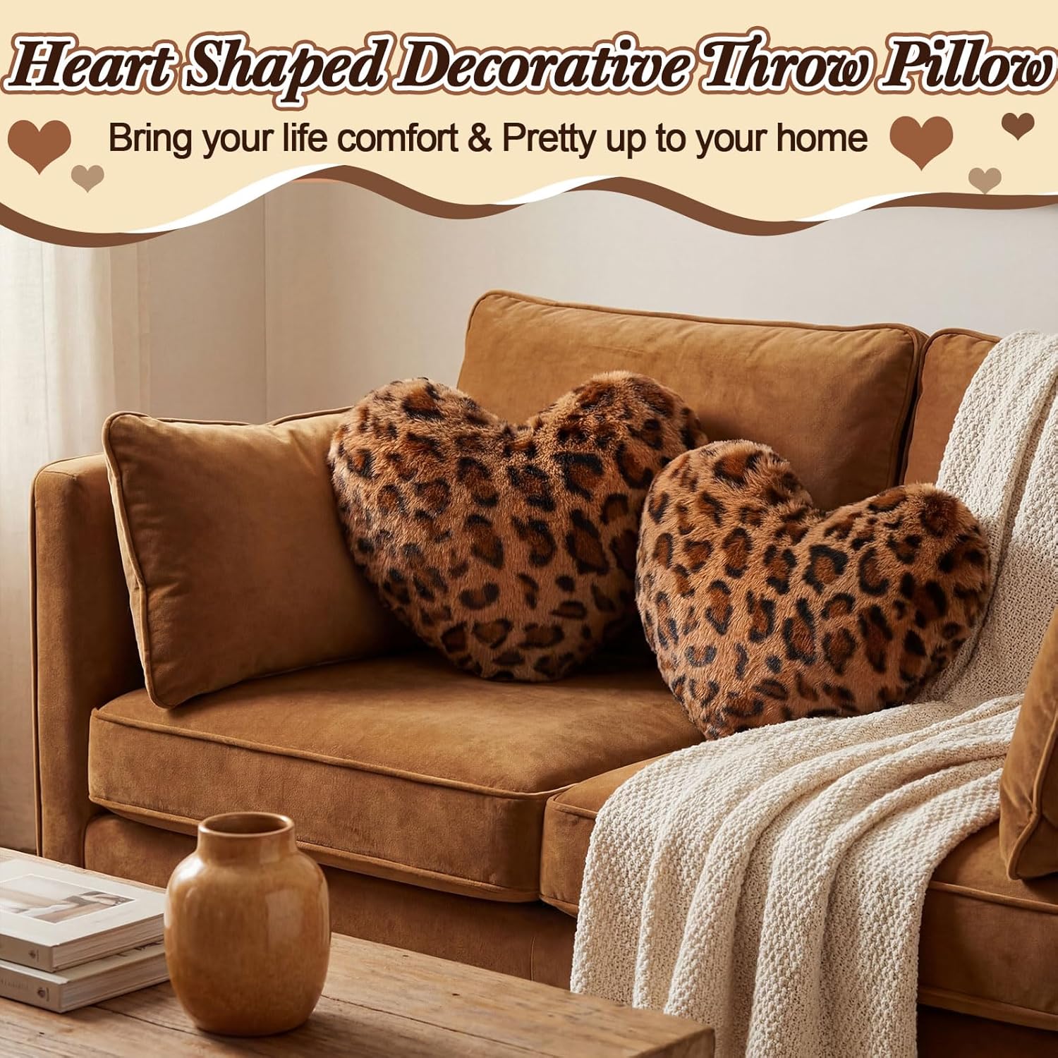 2 Pack Leopard Heart Shaped Pillow Small Cheetah Print Love Pillows 13 x 10 Inch Faux Rabbit Fur Pillows Leopard Throw Heart Pillow for Wedding, Anniversary, Vintage Room Decorative