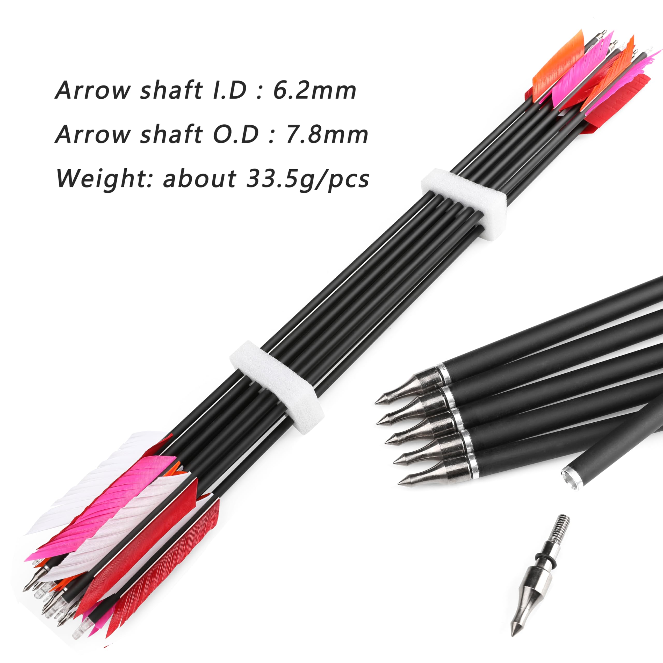 Flèches Carbone 30″ Flu-Flu – 4 Plumes Dinde, Spine 500, Pointes 100 Grains – Chasse Et Cible, Lot 6/12 – Couleurs Variées