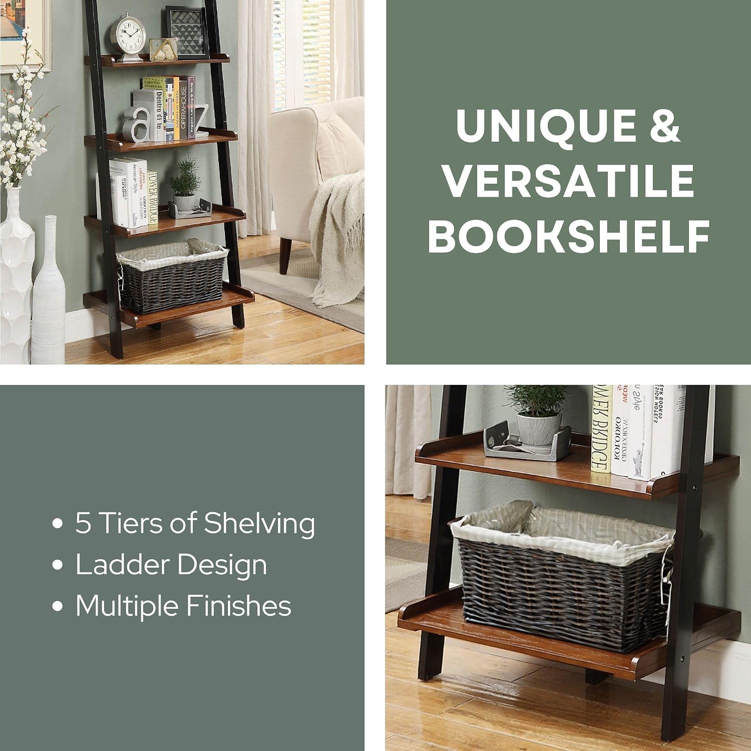 Pemberly Row Ladder Bookshelf, 72 in x 25 in x 15.75 in, Solid Poplar Wood Construction, Dark Walnut Finish, 5-Shelf Storage Unit, Office or Living Room Furniture