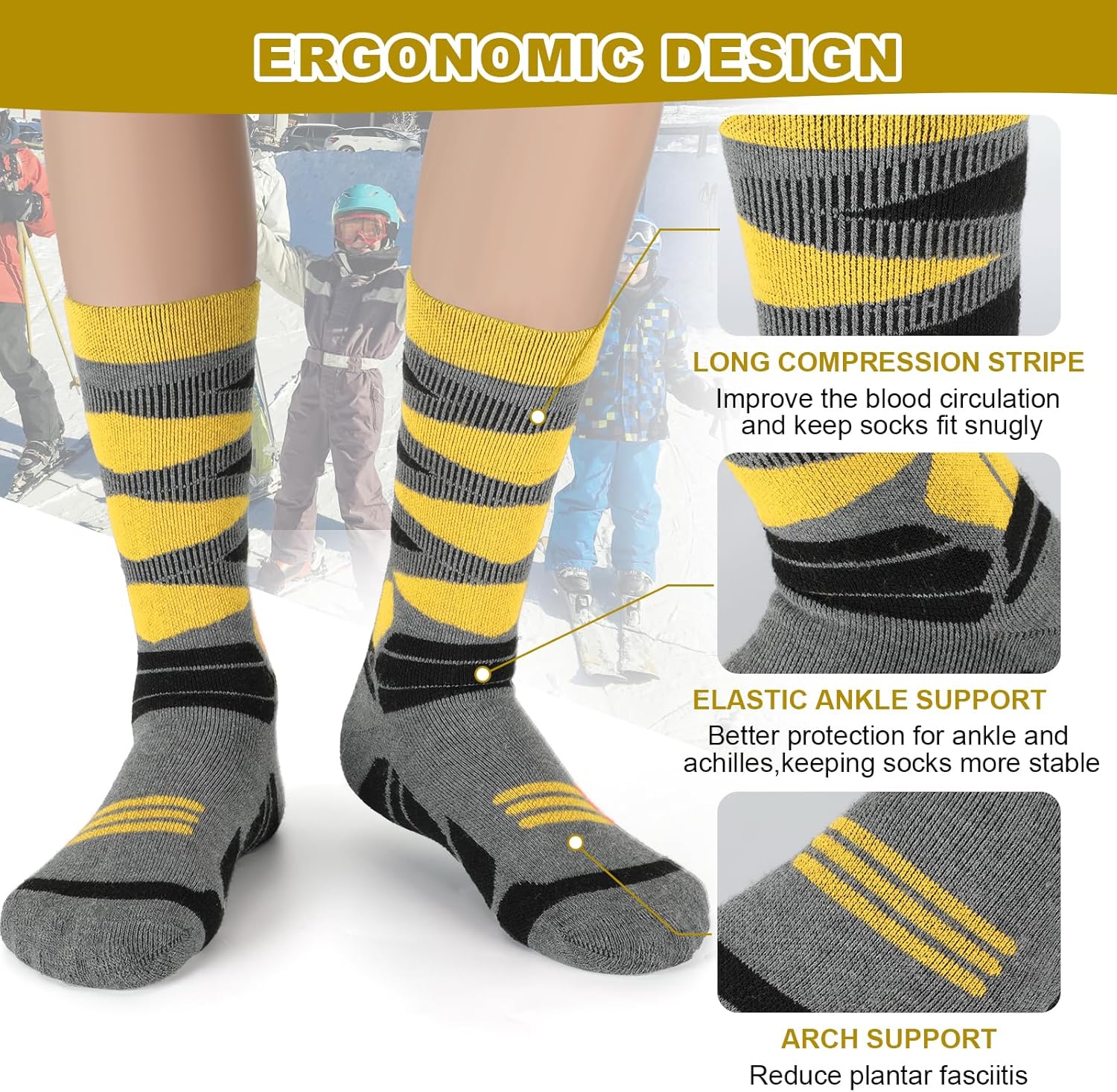 Winter Warm Kids Ski Socks - 2 Pairs Merino Wool Thermal Skiing Socks for Boys, Girls, Youth, Toddlers - Image 5