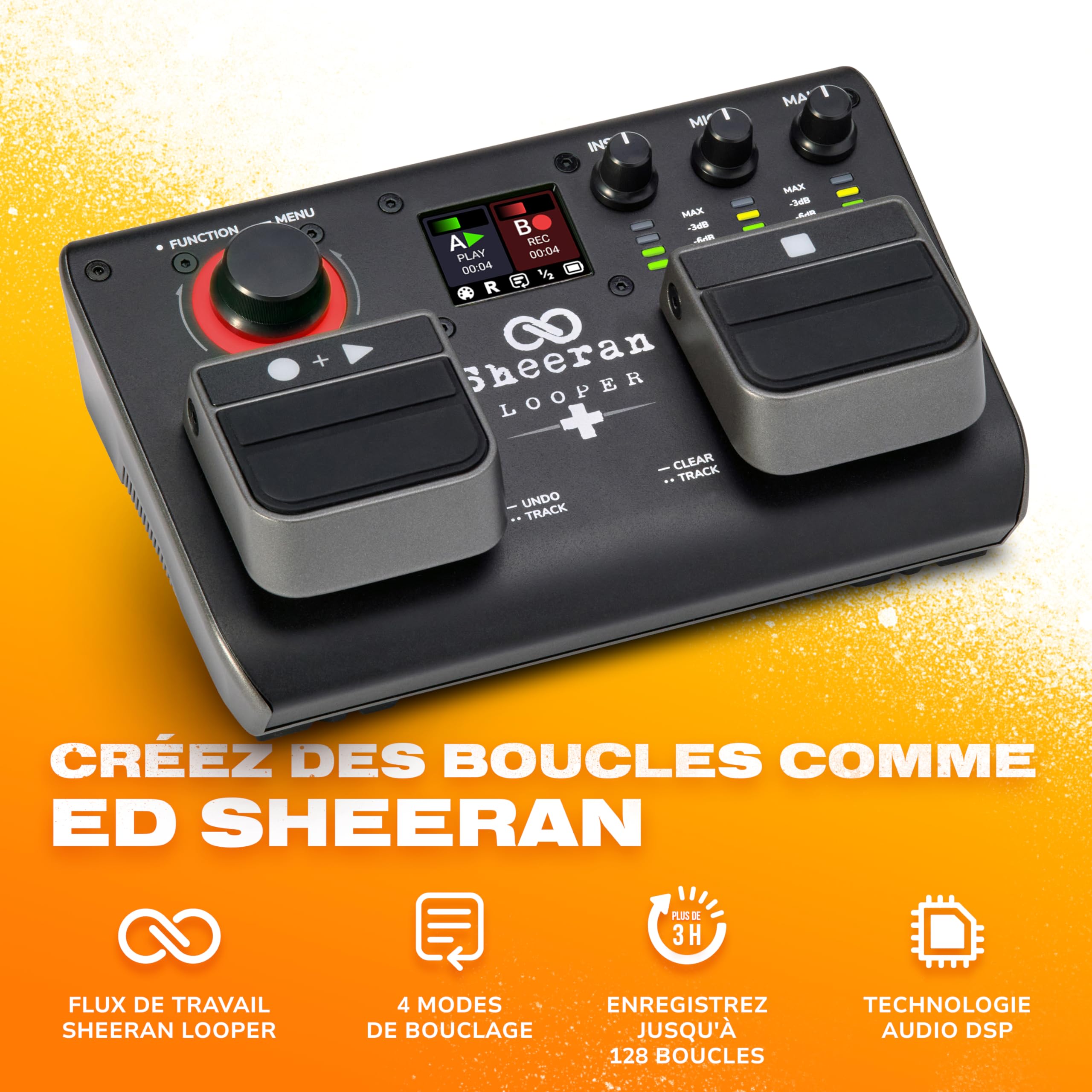 Sheeran Looper + Pédale de Looper Double Piste | 4 Modes de Boucle, 3 Heures de Stockage, Écran LED, Interface Audio, pour Guitare, Basse, Clavier, Chant