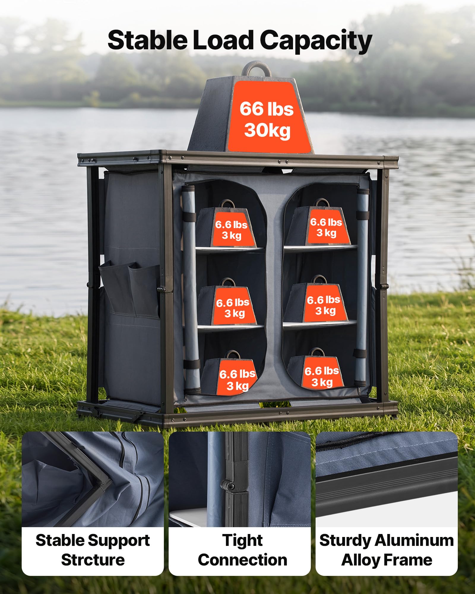 VEVOR Klappbare Campingküche, Tragbarer Campingschrank mit 6 Ablagefächern, Außentasche & MDF-Tischplatte bis 30 kg Tragkraft, Küchenstation für Picknick, Grillen, Partys, Camping & Wohnmobilreisen