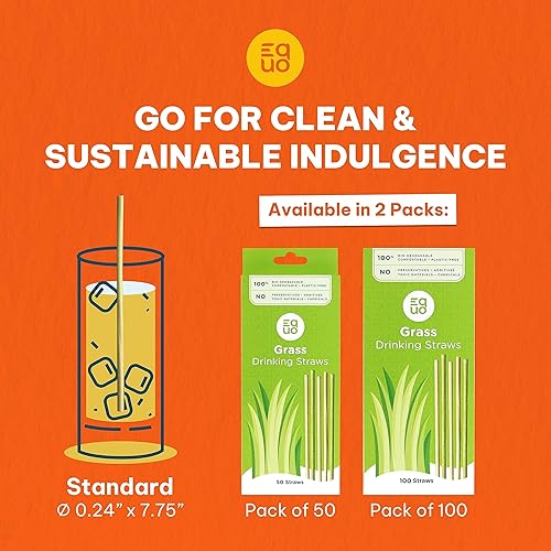 Miniatura 3 de EQUO Pajitas de hierba (paquete de 50, estándar), sin plástico, compostables en casa, pajitas ecológicas para refrescos, jugos, café y más