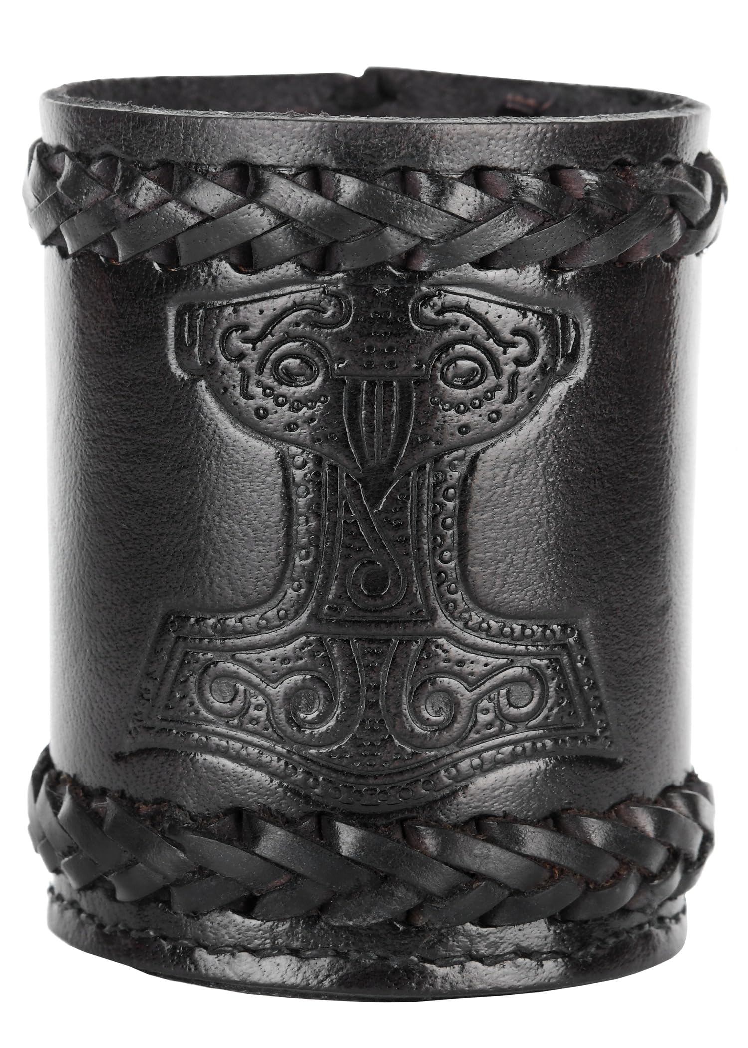 Ulfberth - Viking dice Cup with Embossed Motif - Genuine Leather - Medieval Leather Cup with Engraving (Thor's Hammer Style, Black)
