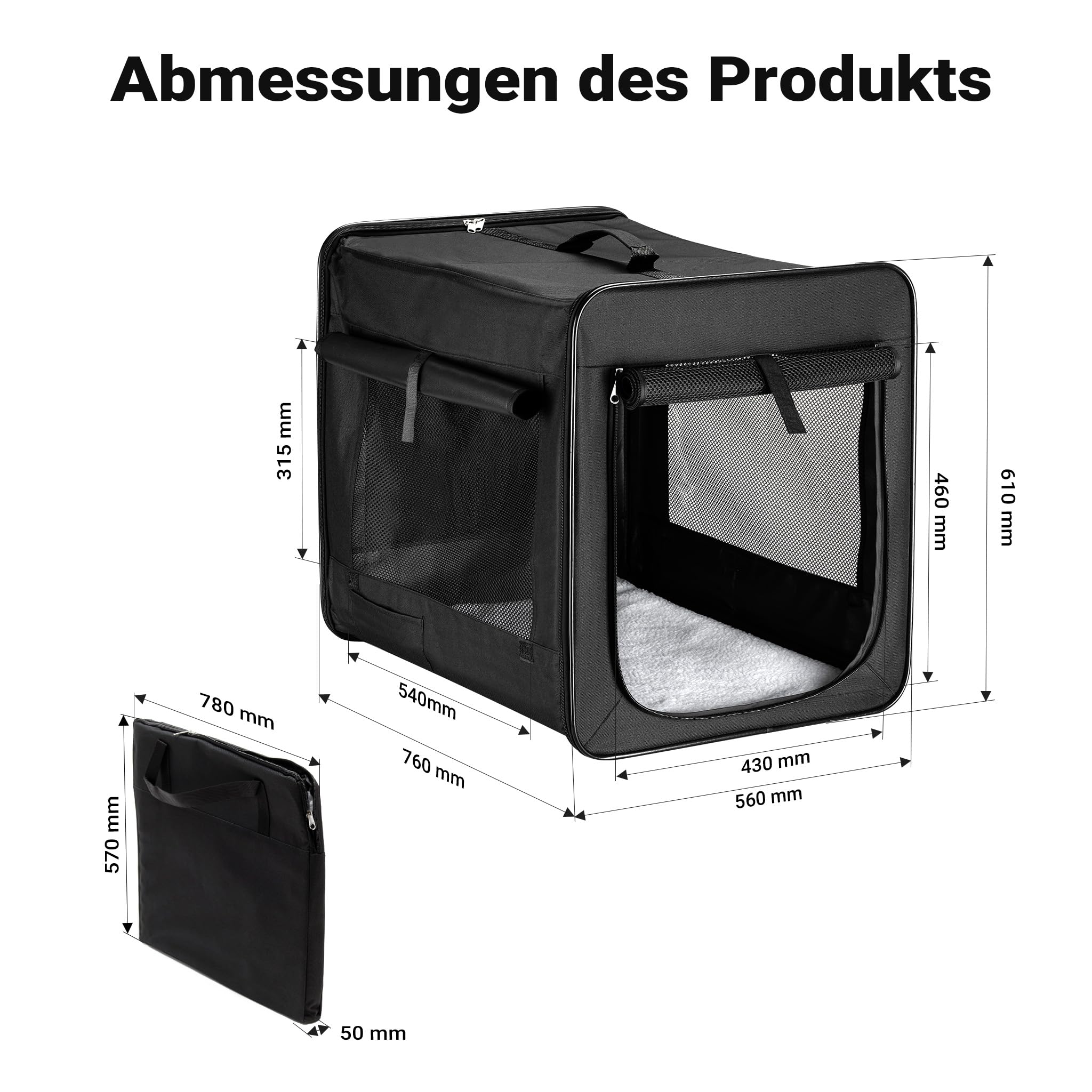 Wiltec Faltbare Transportbox für Hunde, Katze L (76x56x61 cm), robust, leicht, sicher, Hundebox mit entnehmbarem Kissen, Schwarz