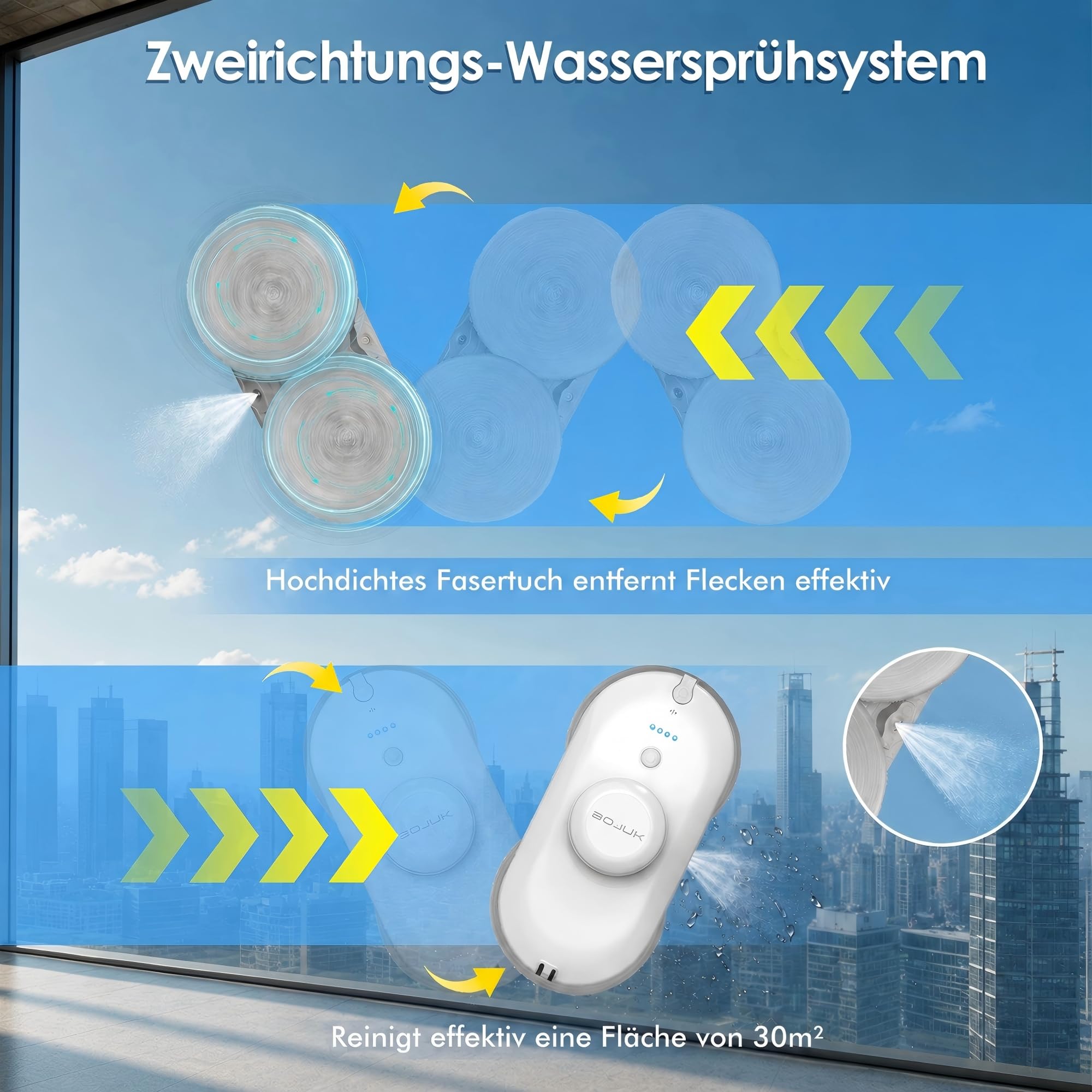 Fensterputzroboter, 5000Pa Fensterroboter, Dual-Sprühsystem, 100ml Tank, Intelligente Navigation, 3 Modi, Kantenerkennung, UPS, lückenlose Reinigung für Glas & rahmenlose Fenster