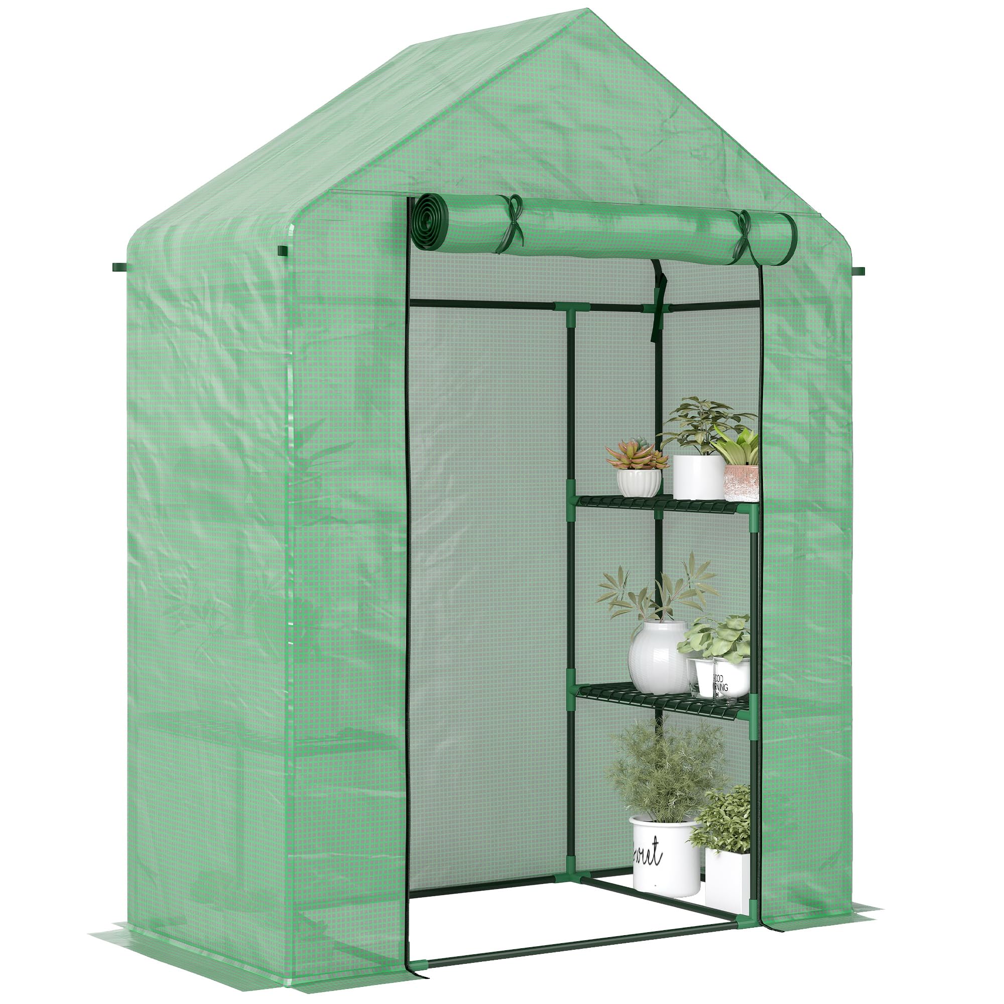 Outsunny Walk In Greenhouse with Shelves, Portable Gardening Plant Grow House for Outdoor with 2 Tier Shelf, Roll-Up Zippered Door, PE Cover, 143 x 73 x 195cm, Green