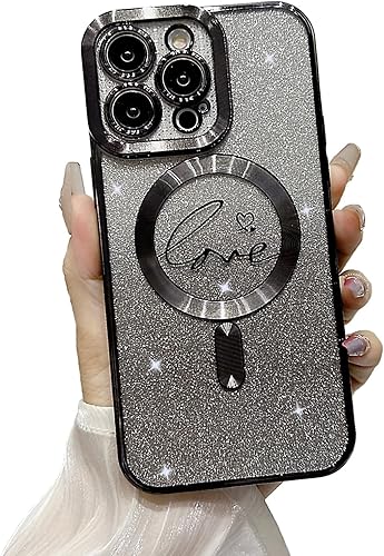 Miniatura 8 de aowner Funda magnética para iPhone 15 Pro Max compatible con MagSafe, funda transparente con diseño de corazón de amor de lujo, protección de