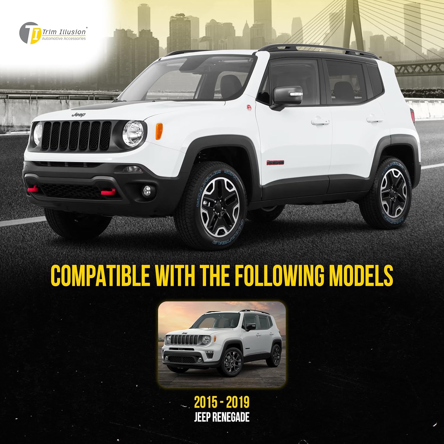 Trim Illusion Patented ABS6439BLK Tape On Gloss Black Grille Overlay Compatible with 2015-2019 Jeep Renegade Sport, Limited, Latitude
