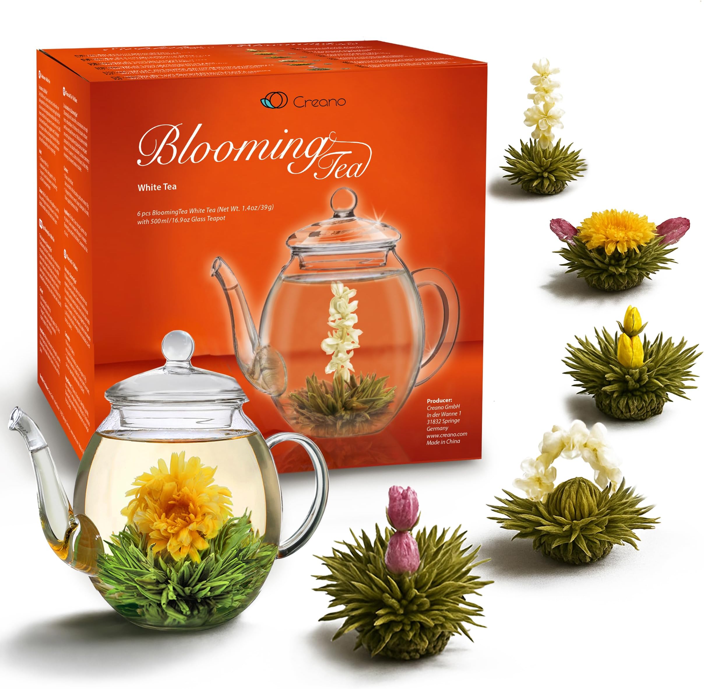 Creano Flowering Tea Gift Set - White Tea – 6 Blooming Tea with 17oz Glass Teapot