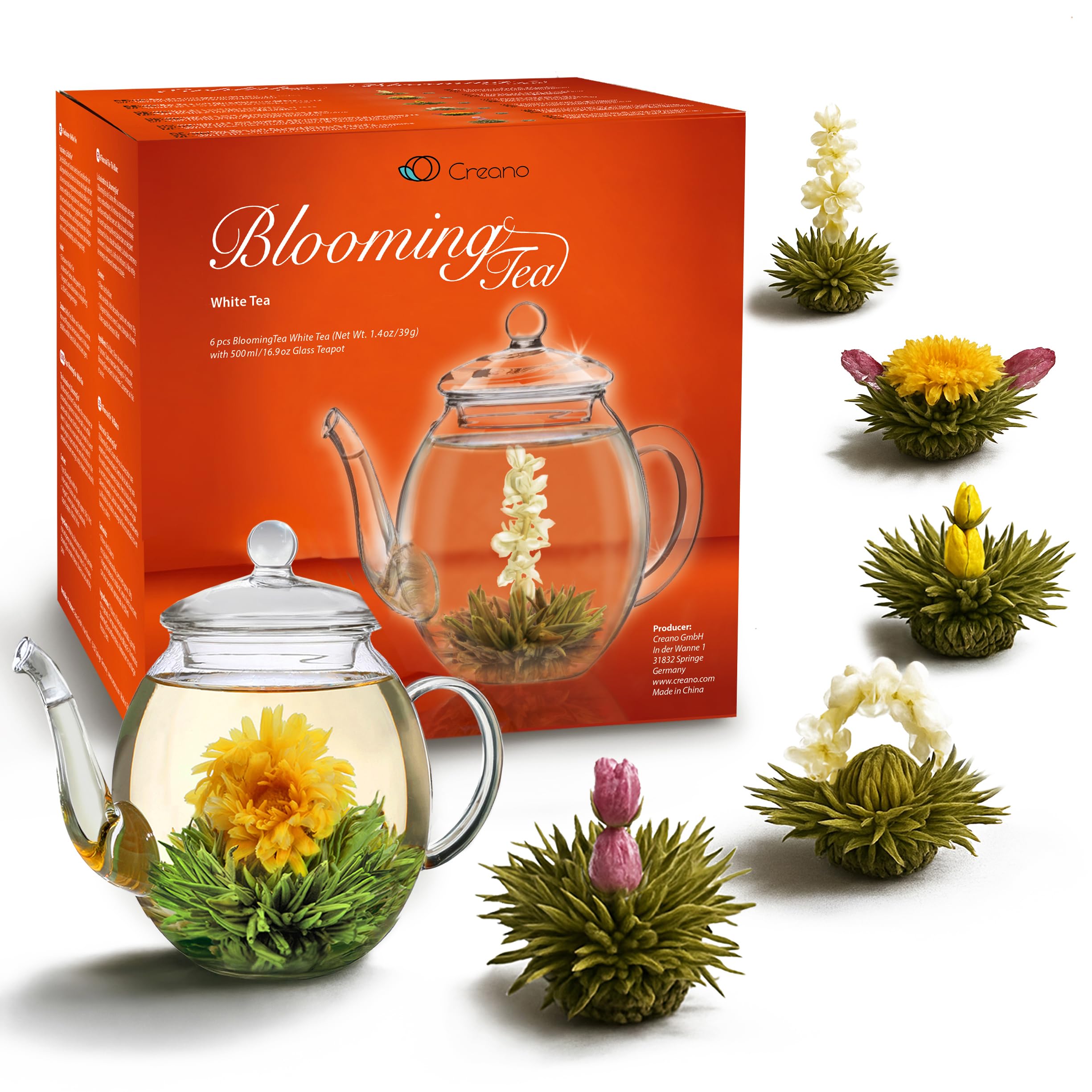 Creano Blooming Tea Gift Set - 500 ml Glass Teapot With 6 Flowering White Tea Flowers