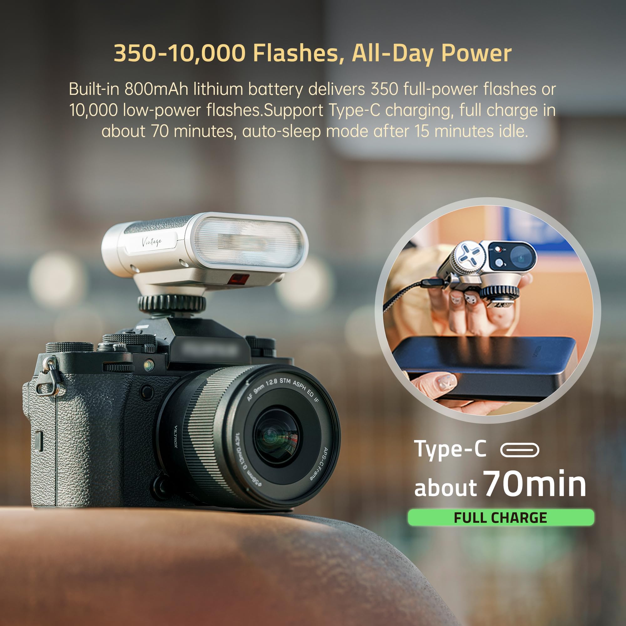 VILTROX Vintage Z1 Pro TTL Retro On-Camera Flash con Touch Display, 24Ws 1s Riciclare GN12 CCT 6000K ± 200K Mini Flash per Fotografia Portatile Illuminazione (per Nikon)
