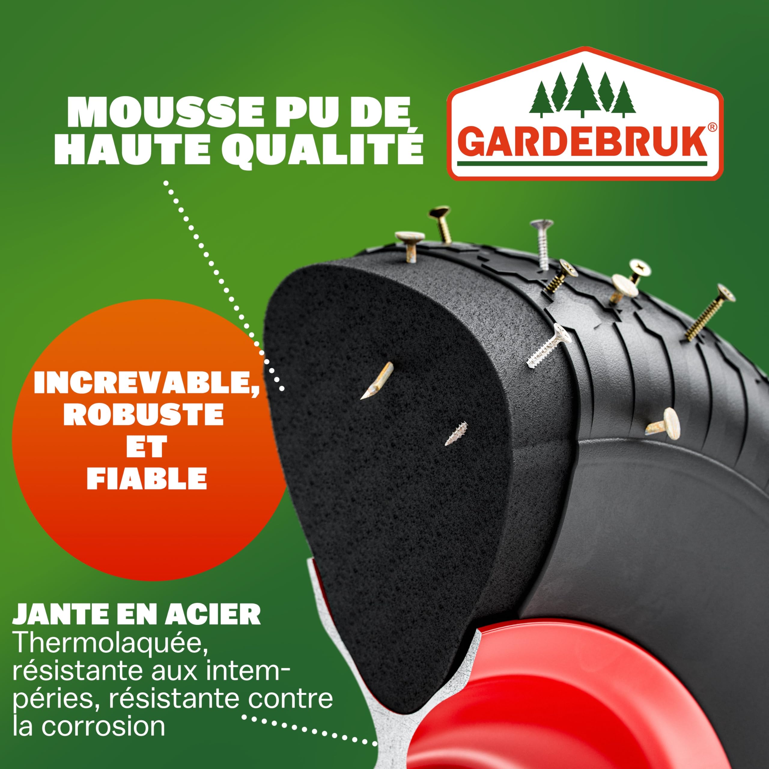 GARDEBRUK® Roue de brouette increvable Caoutchouc Plein PU 4.80/4.00-8 Ø390mm Jante Acier 200kg axe Roue de Secours Remplacement brouette Pneu
