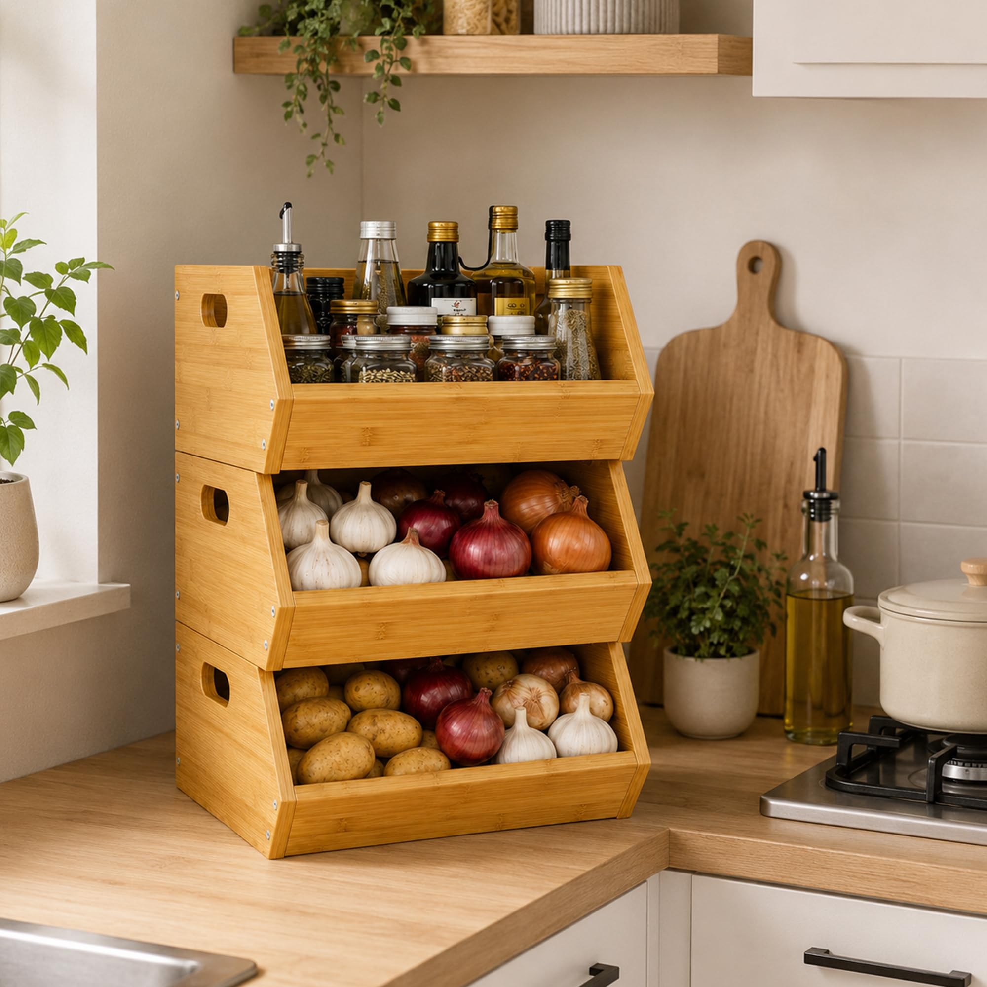 ADEL DREAM Panier à Fruits en Bambou à 3 Niveaux, Paniers Amovibles | 3 paniers séparés ou empilés, parfaits pour fruits, légumes, pain, snacks et objets du quotidien