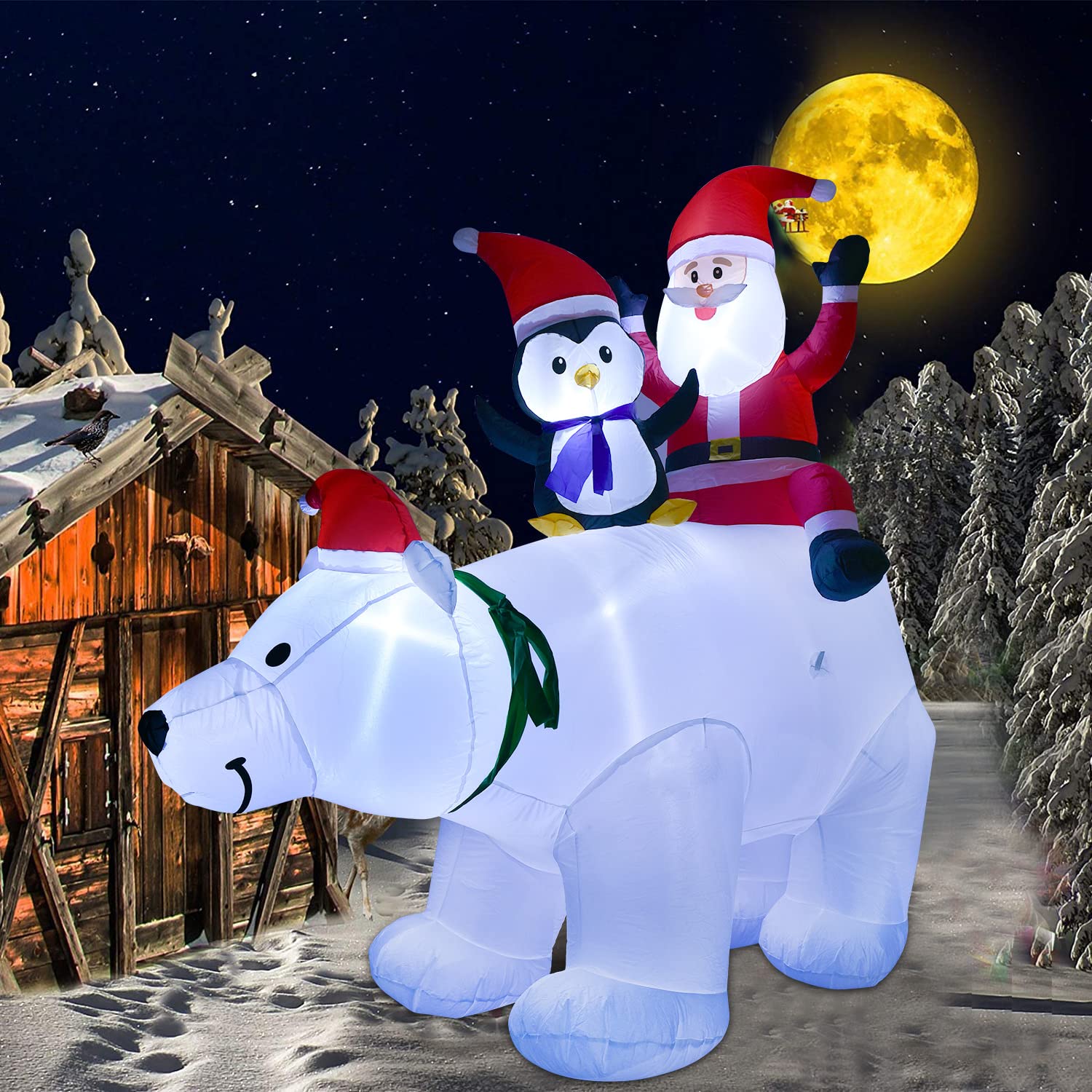 Oso polar de muñeco de nieve inflable iluminado de 8 pies, muñeco de nieve soplado con sombrero y luces LED multicolor integradas para decoración de fiestas de Navidad, patio o jardín