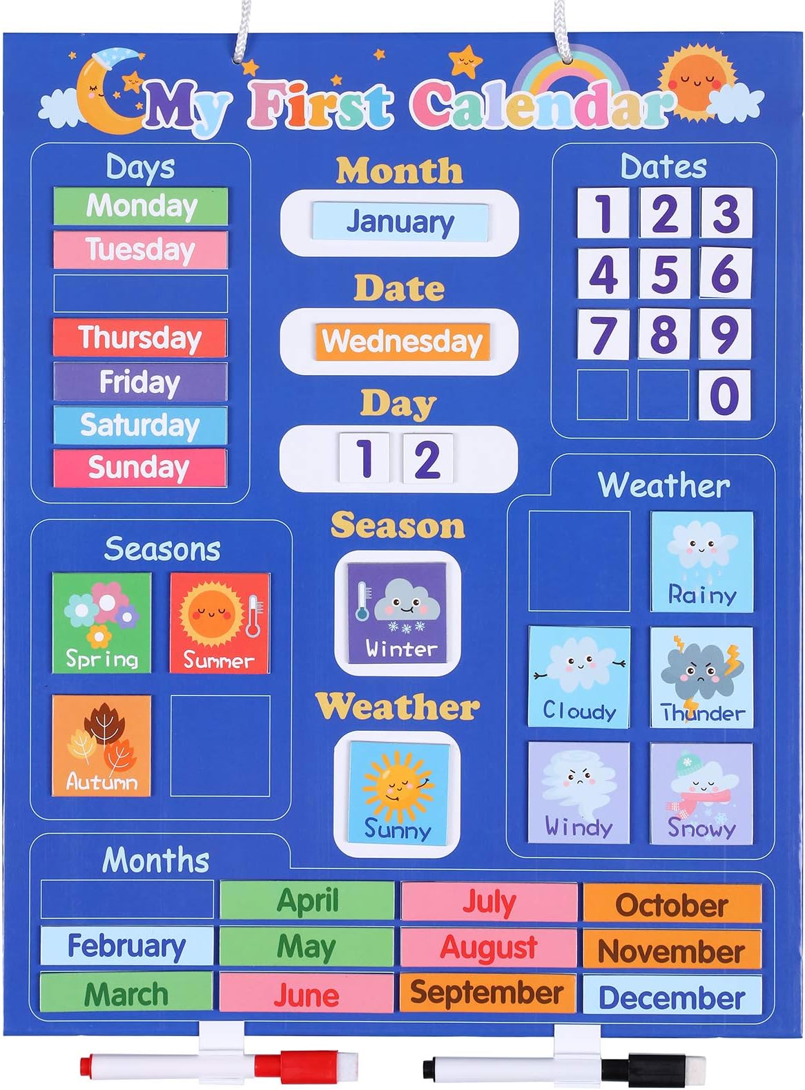 FBve Classroom Calendar Chart, 16” X 13” Magnetic Calendar for Kids, Preschool Learning Toys, Homeschool Supplies, Hang on Wall or Fridge with 41 Magnetic Blocks, 2 Pens, 1 Lanyard