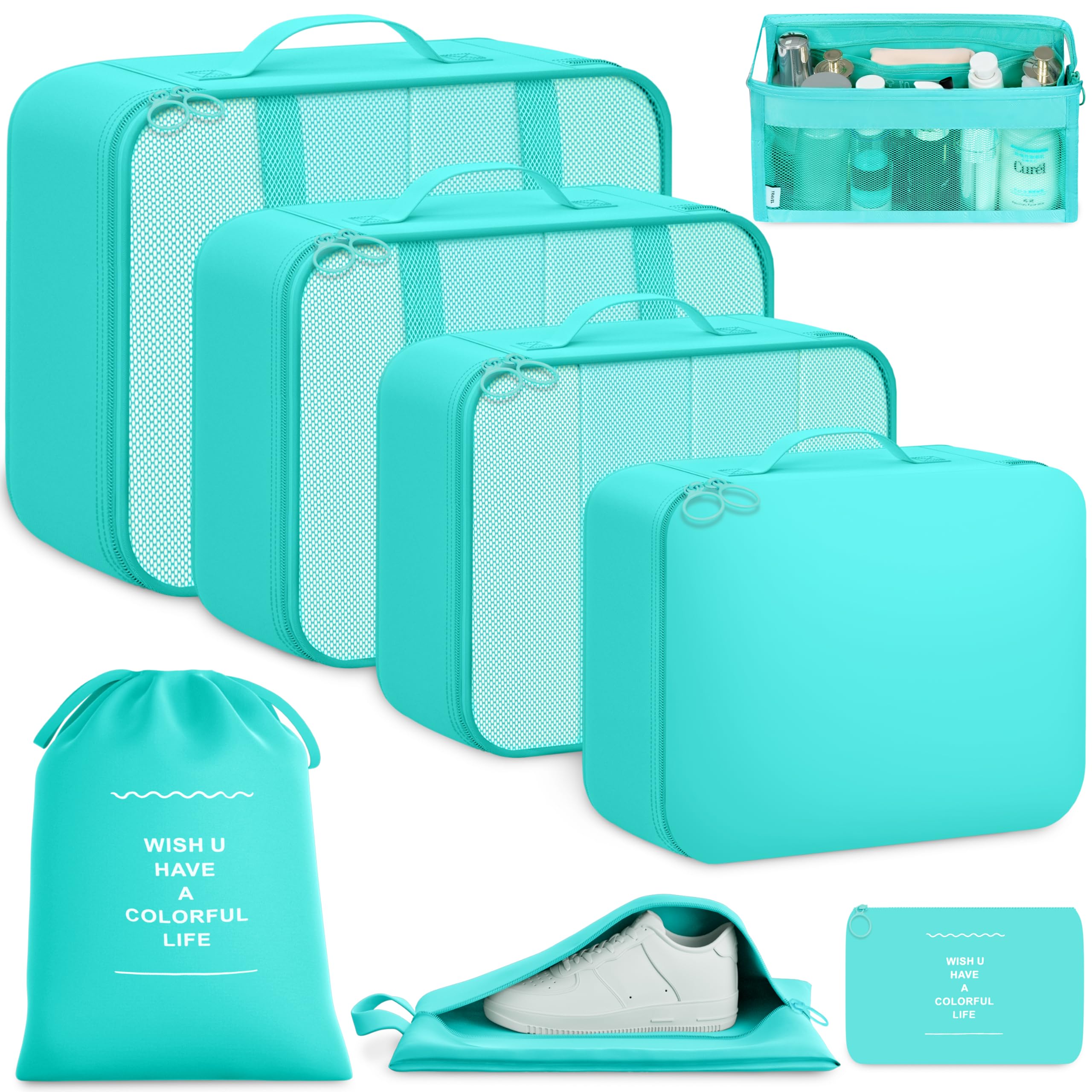 BAGAIL 8-teiliges Packwürfel-Set, Reiseorganizer mit atmungsaktivem Netz & Schuhbeutel, leichte Nylon Packorganizer für Koffer, 9 Farben