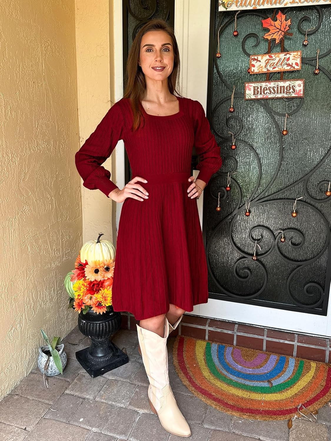 Casual Dresses for Women Sweater Dress Long Sleeve Square Neck Midi Dresses Fashion Clothes Women Dresses Red XL - Image 4