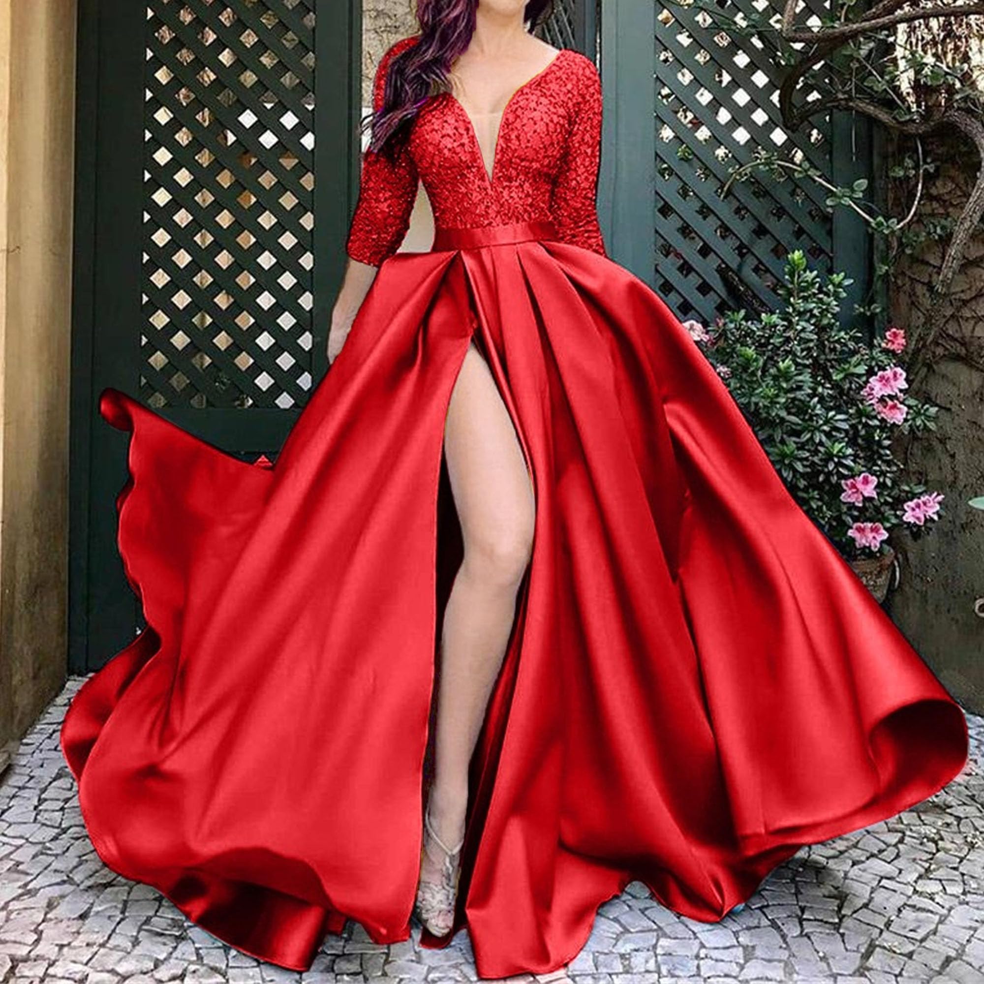 Robe de cocktail élégante avec col en V profond et coupe ajustée pour femme - Robe de mariée fluide et solide