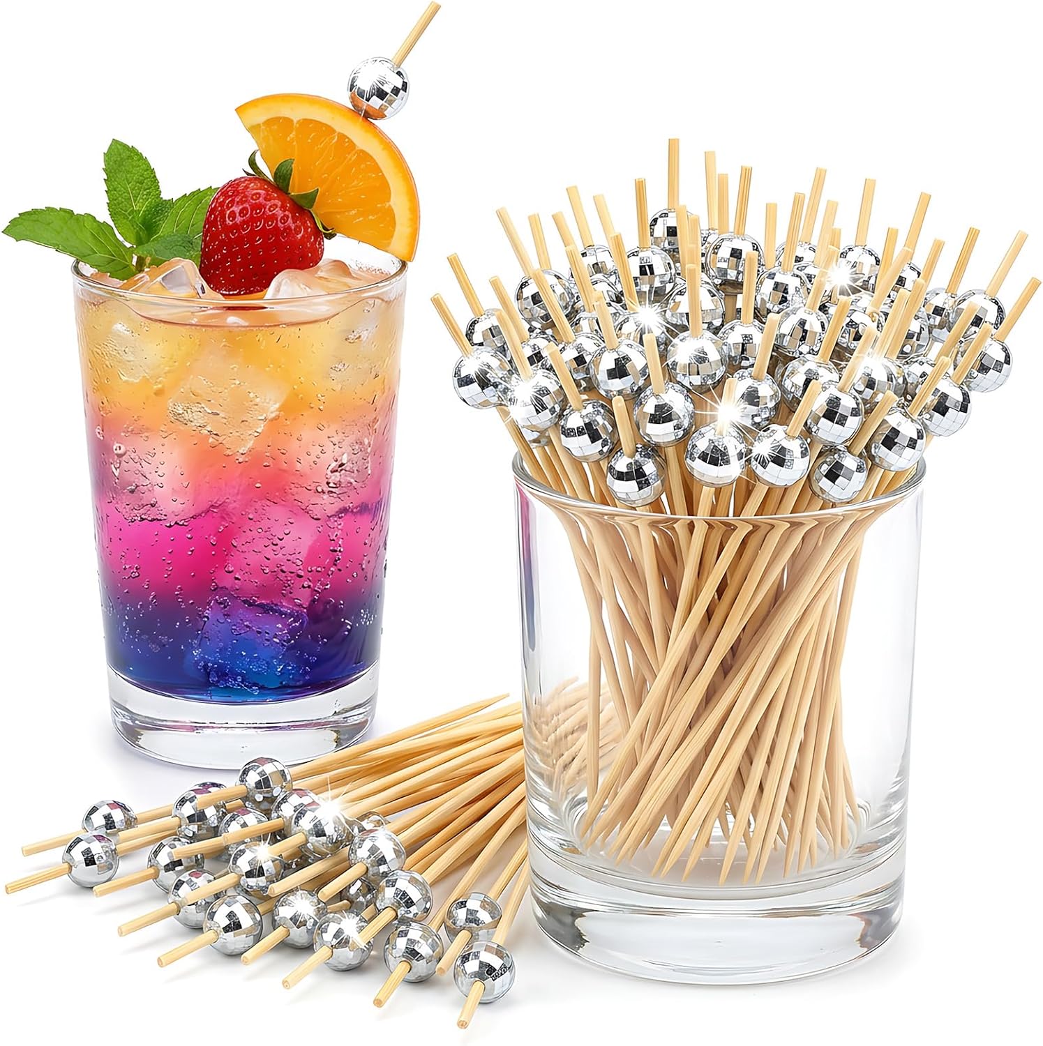 100Pcs Cocktail Picks 4.7 Inch Disco Ball Decor for Fruits Drinks Appetizers