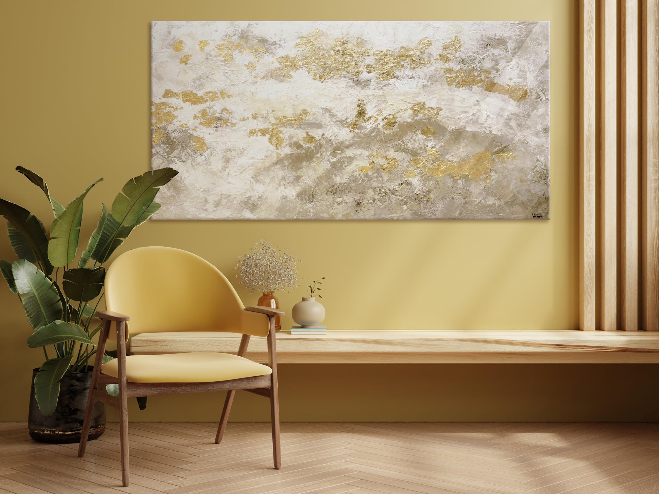 Abstrakt Acryl Gemälde auf Leinwand handgemalt mit Blattgold glänzendes Gold Wandbilder 200x100 cm