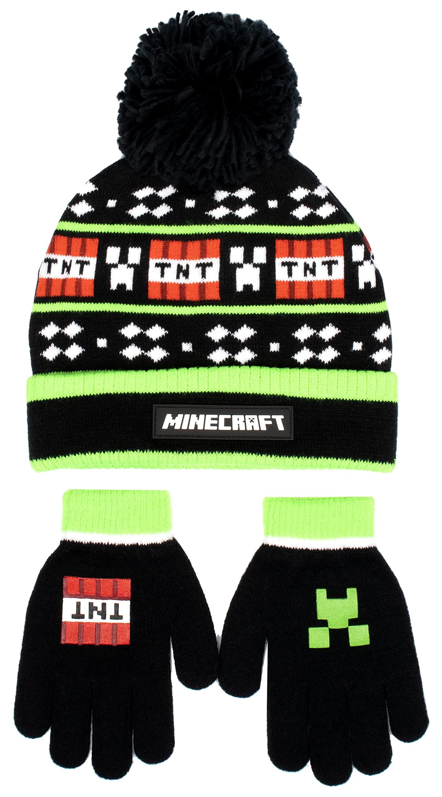 Minecraft Gorro y Guantes de Lana Negros para Niños - Diseño de Píxeles - Talla Única 6-12 Años - Mercancía Oficial