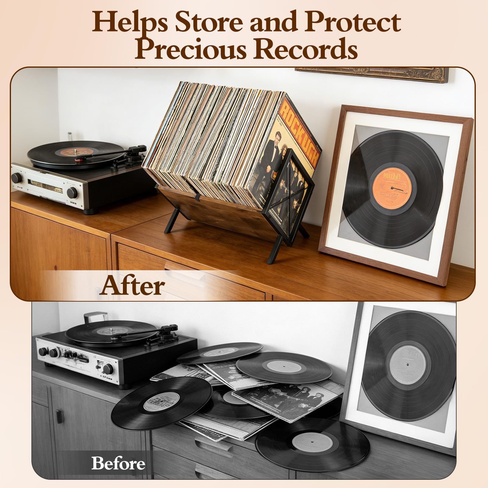 Scaffale in vinile per 80 LPs, combinazione in legno e metallo con divisorio regolabile, portariviste e organizer per CD, album, libri, per soggiorno, ufficio