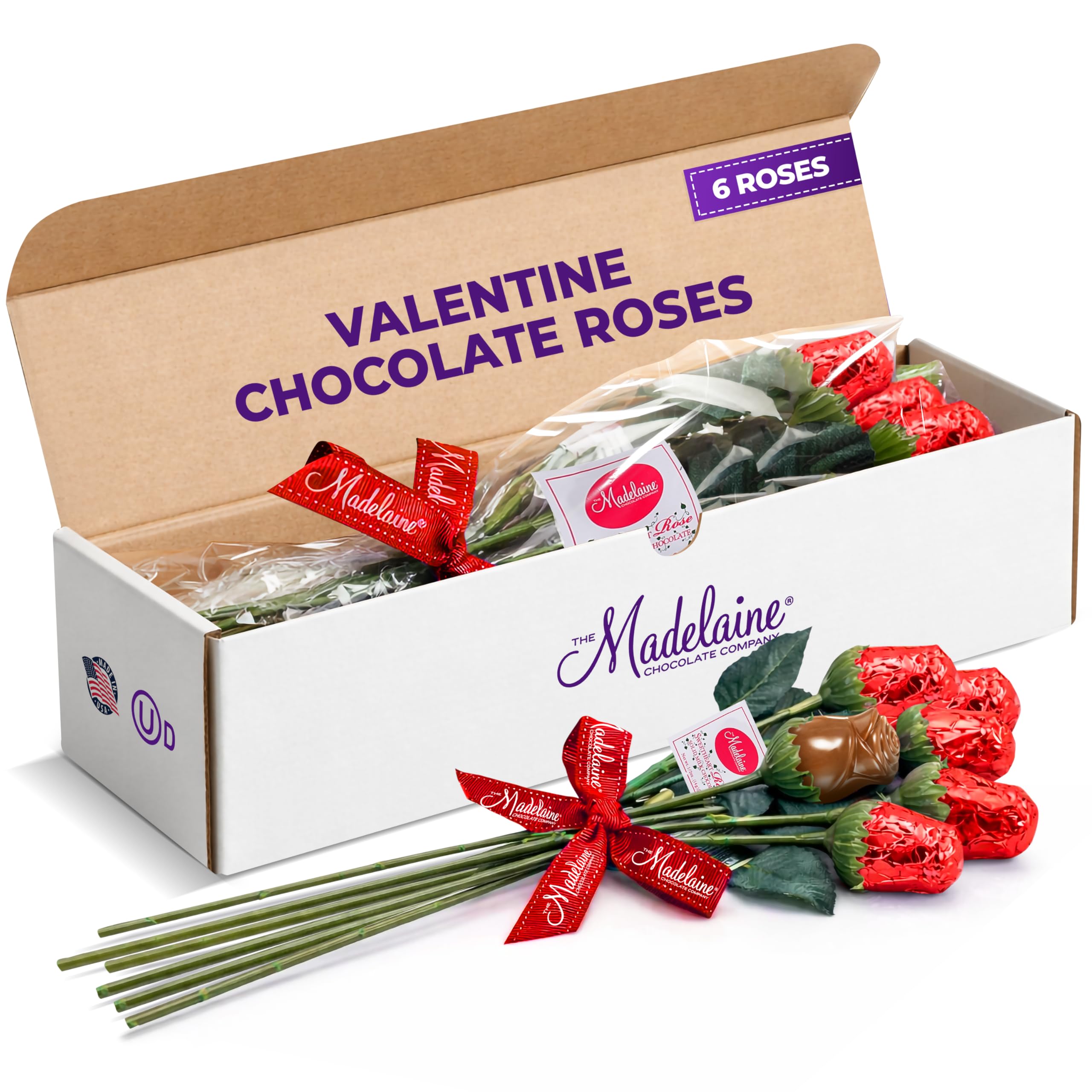 Madelaine Red Chocolate Roses - Mothers Day Gift for Mom, Grandma, Wife, Girlfriend, Daughter - Individually Wrapped Chocolate Flowers - Romantic Candy Bouquet for Women & Loved Ones - 6 Pack