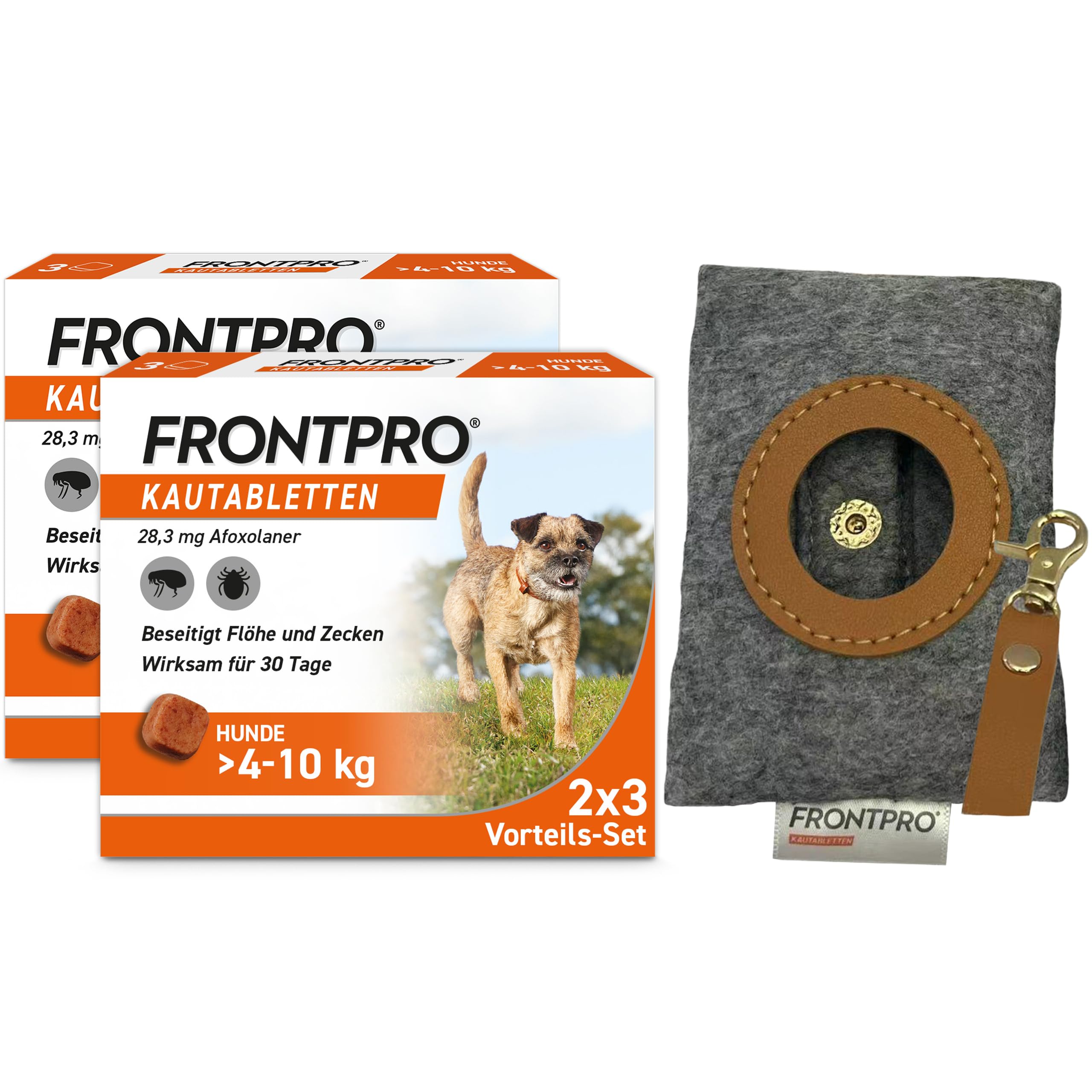 FRONTPRO Hund M - Kautablette gegen Zecken & Flöhe (Hunde 4 bis 10 kg) | 3x Kautabletten (2er Pack) für 6 Monate Schutz + Kotbeutelspender - mit und ohne Futter verabreichbar