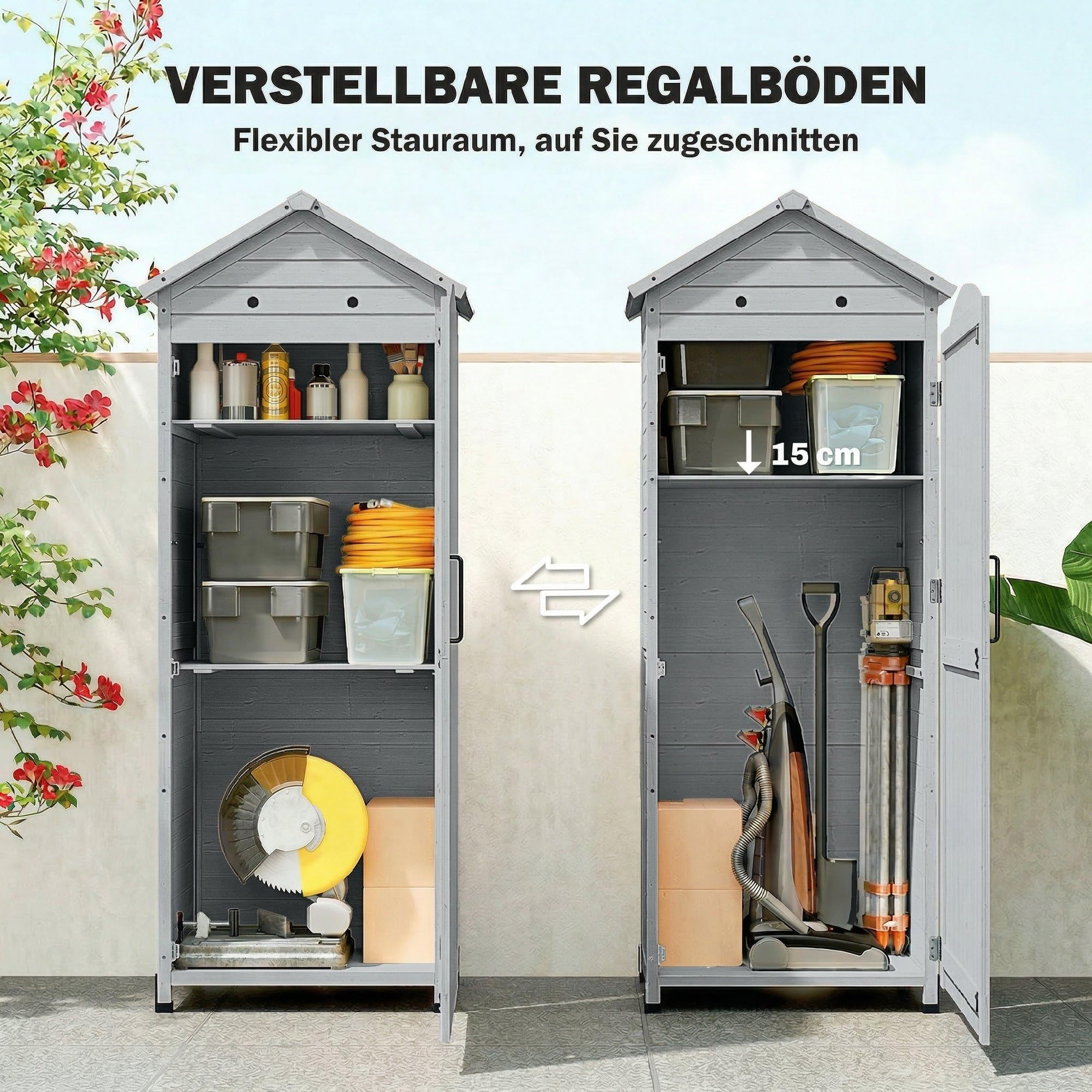 Outsunny Armadio extra alto rimessa attrezzi 85x58x213cm Grigio | Ripiano regolabile, porta magnetica, tetto zincato, ventilazione, anti-ribaltamento, casetta per terrazzo e giardino