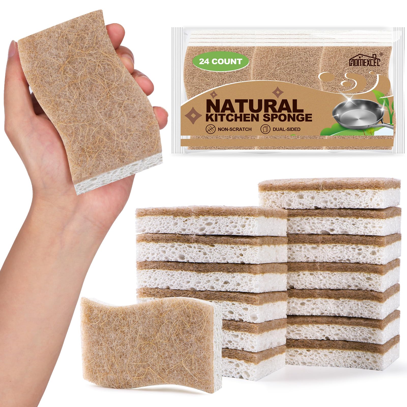 HOMEXCEL Sponges Kitchen, 24 Packs Non-Scratch Natural Sponge for Dishes Cookware, Biodegradable Cellulose Scrub Sponges for Dishwashing Cleaning Household Bathroom