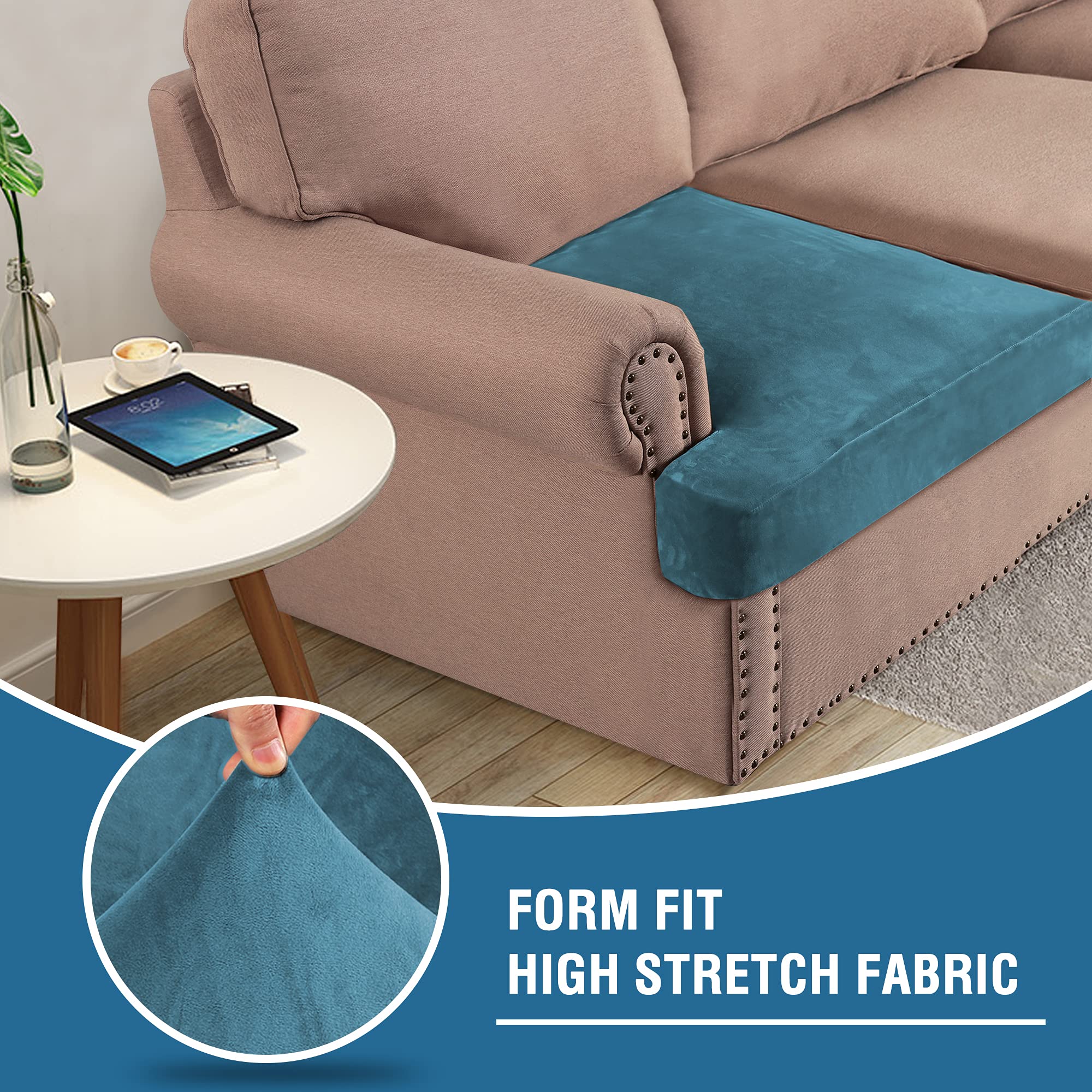 H.VERSAILTEX Stretch Velvet 3 Piece T Cushion Sofa Slipcovers Individually Sofa Cushion Covers for 3 Cushion Couch Seat Cushion Cover for Sofa Seat Cushion Cover Stay in Place(Sofa, Peacock Blue)