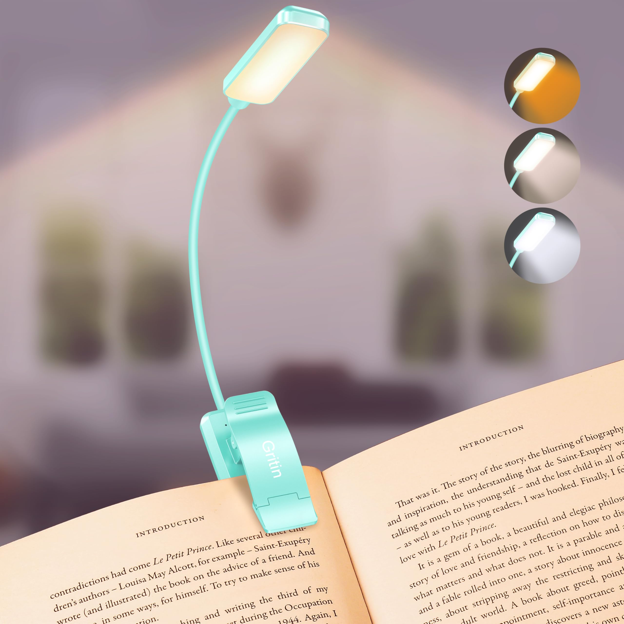 Gritin 9 LED Rechargeable Book Light for Reading in Bed | Eye Caring 3 Color Temps,Stepless Dimming Brightness,80 Hrs Runtime Small Lightweight Clip On Book Reading Light-Blue