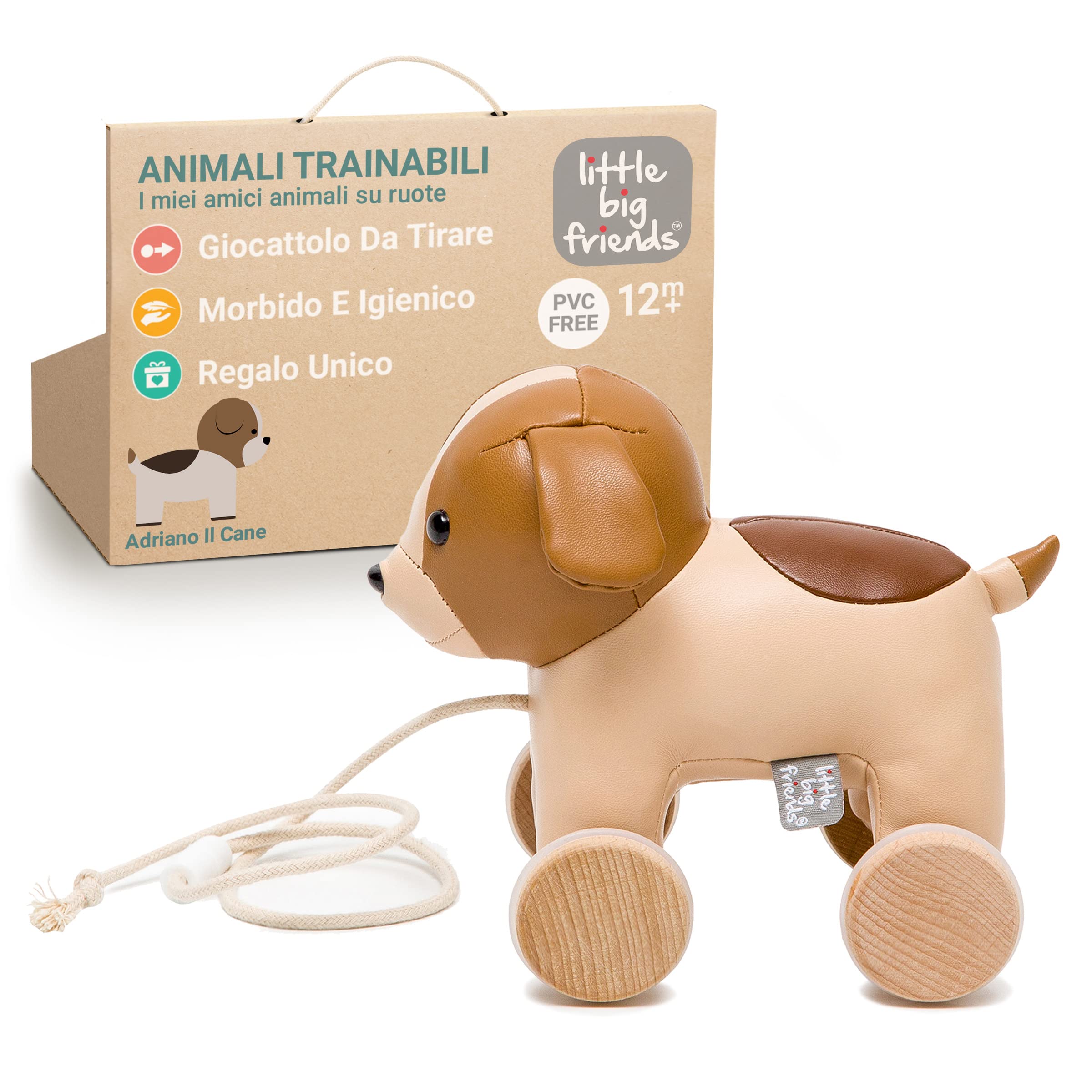 Animali da tirare Little Big Friends | Giocattoli da tirare per bambini | Giocattolo tradizionale | Facile da Pulire | Sicuro per i bambini | Adriano il cane