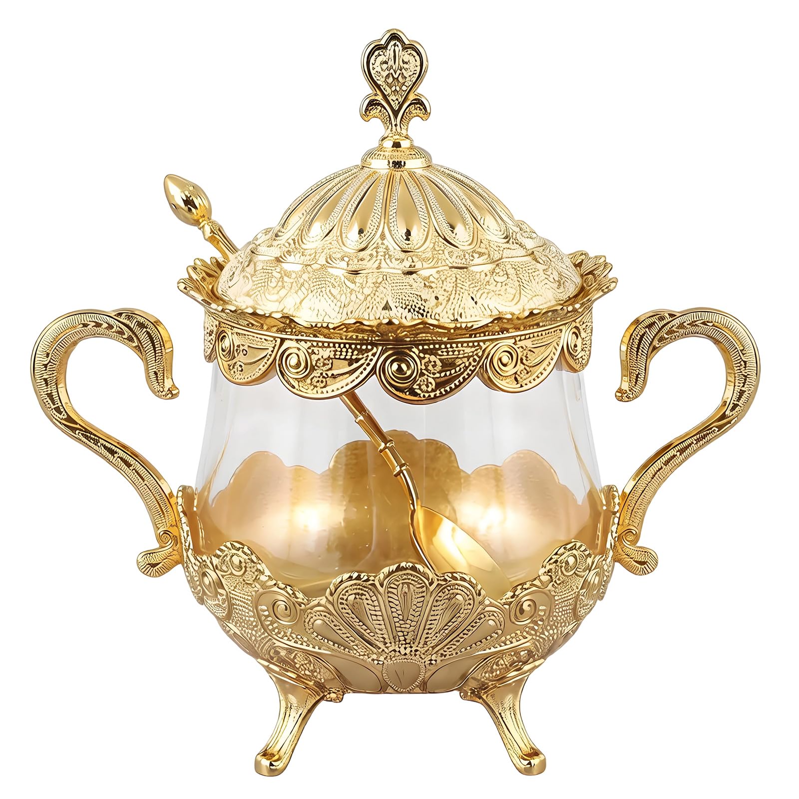Whoasyst Classical Metal and Glass Sugar Jar Seasoning Storage Container with Lid Spoon Condiment Bowl Countertop Organization Sugar Jar with Spoon