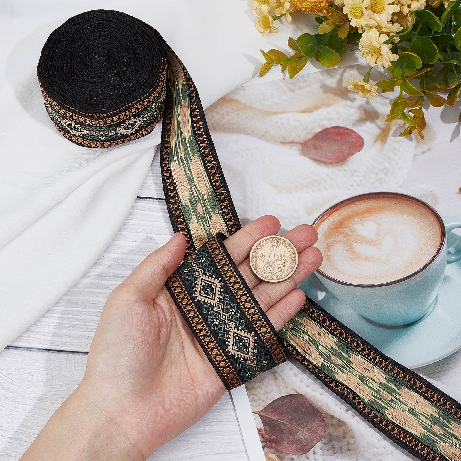 GORGECRAFT Etnisch Jacquard Lint 33 mm Breed Dubbelzijdig Goud Bloemen Borduurwerk Polyester Geweven Linten Zwart Trim Franjeband voor DIY Naaien