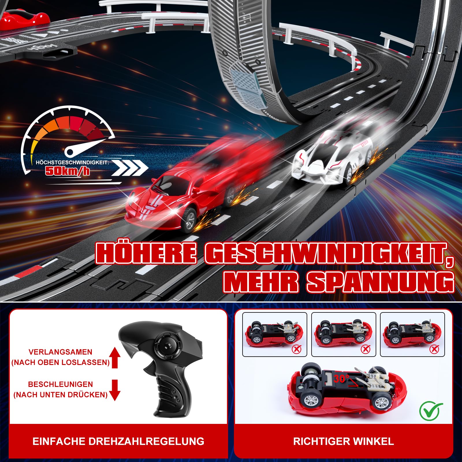 Elektrische Rennbahn Kinder, Autorennbahn Beleuchtete Elektrische Rennstrecke 1:64 Autobahn - 4 LED Auto, Rundenzähler, 360°-Looping, Rennstrecke Auto Spielzeug für Kinder 3 6-12 Jahre (S)