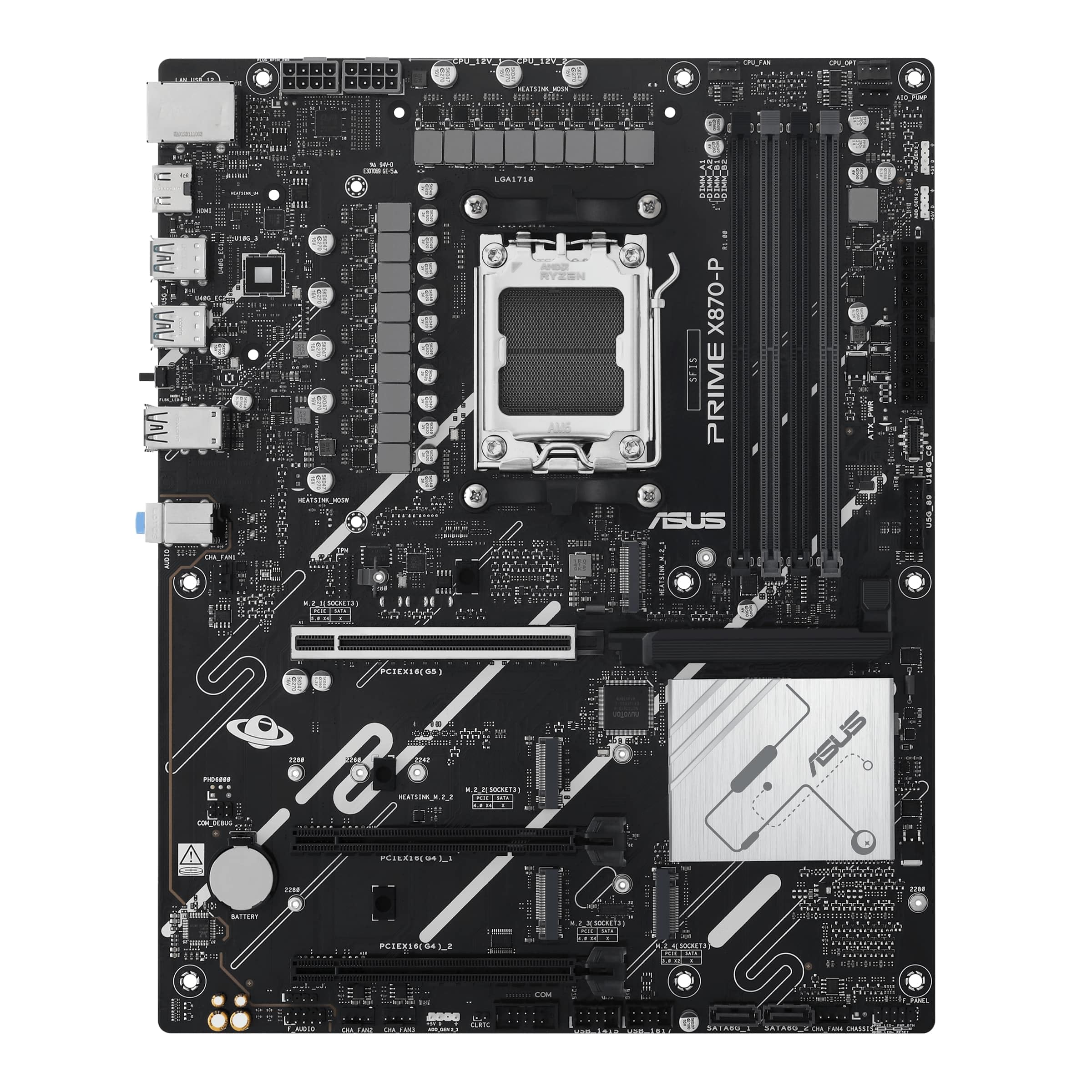 ASUS Prime X870-P – Carte mère Gaming AMD Ryzen AM5 X870 ATX (DDR5, 14+2+1 (80A) DrMOS, PCIe 5.0, 4 x M.2, USB 40Gbps Type-C, HDMI, Aura Sync RGB)