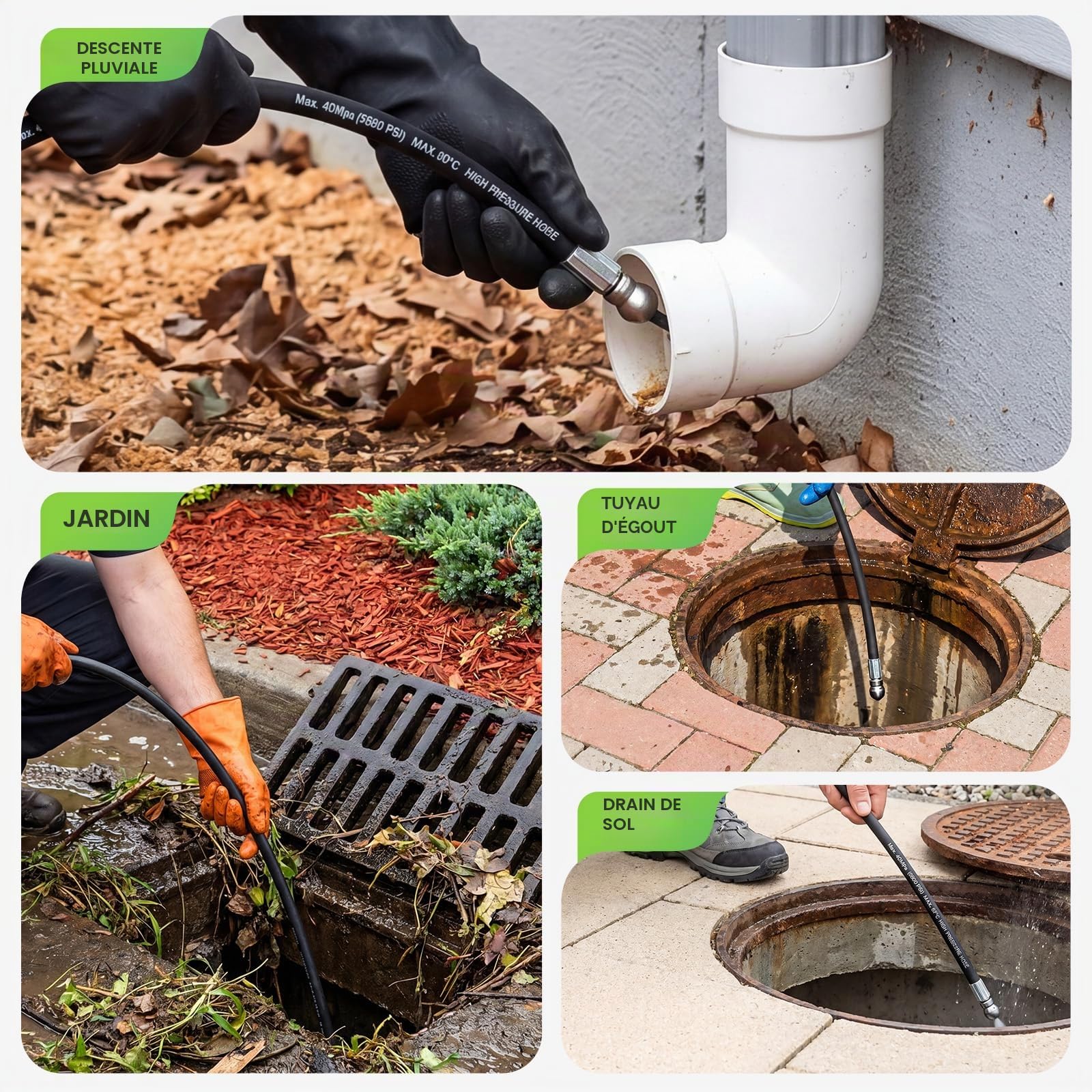 Déboucheur Canalisation 15m, Tuyau Flexible 400 Bar/5800 PSI pour Nettoyeurs Haute Pression K2–K7, avec Buse de Pénétration pour Tuyaux Étroits et Canalisations Obstruées