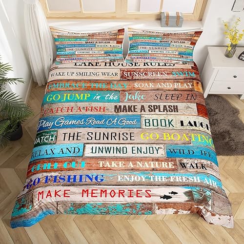 Erosebridal Lake House Rules - Funda de edredón para niños y niñas, juego de ropa de cama con temática de lago, tamaño individual, funda de edredón