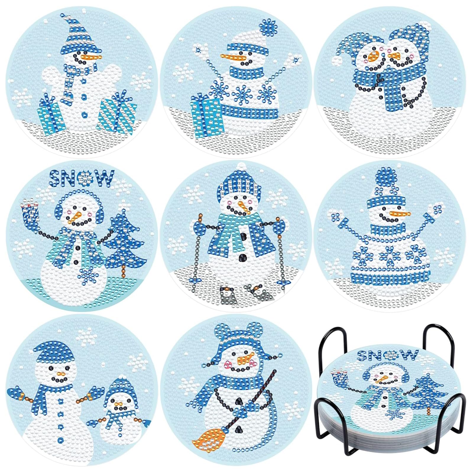 Kit de 8 sous-verres de peinture diamant avec support en liège, arbre de Noël, bonhomme de neige, kit de peinture diamant pour débutants, adultes et enfants
