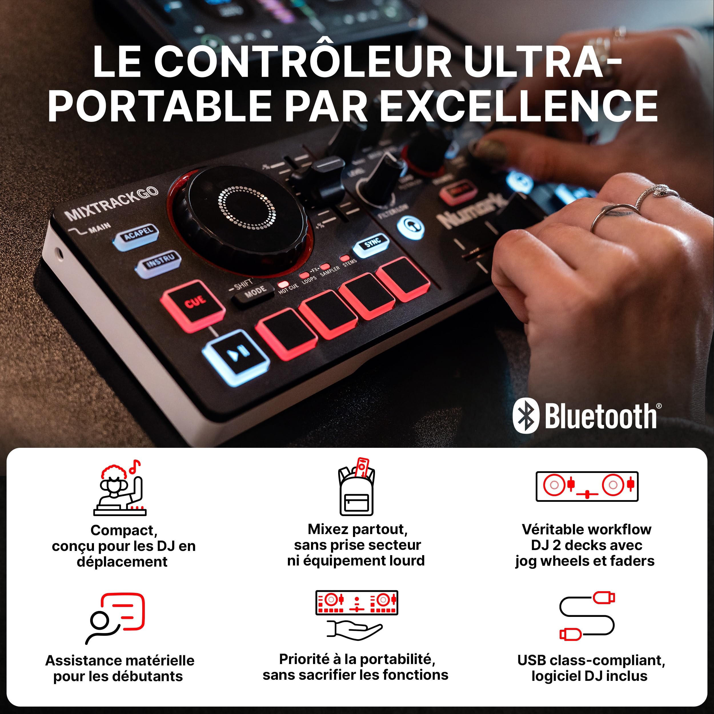 Numark MixTrack Go Controleur DJ Bluetooth Compact avec Stems